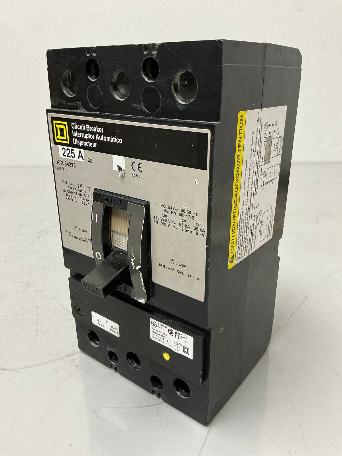 Used Square D KCL34225 3 Pole, 225 Amps, 480 Volts Circuit Breaker