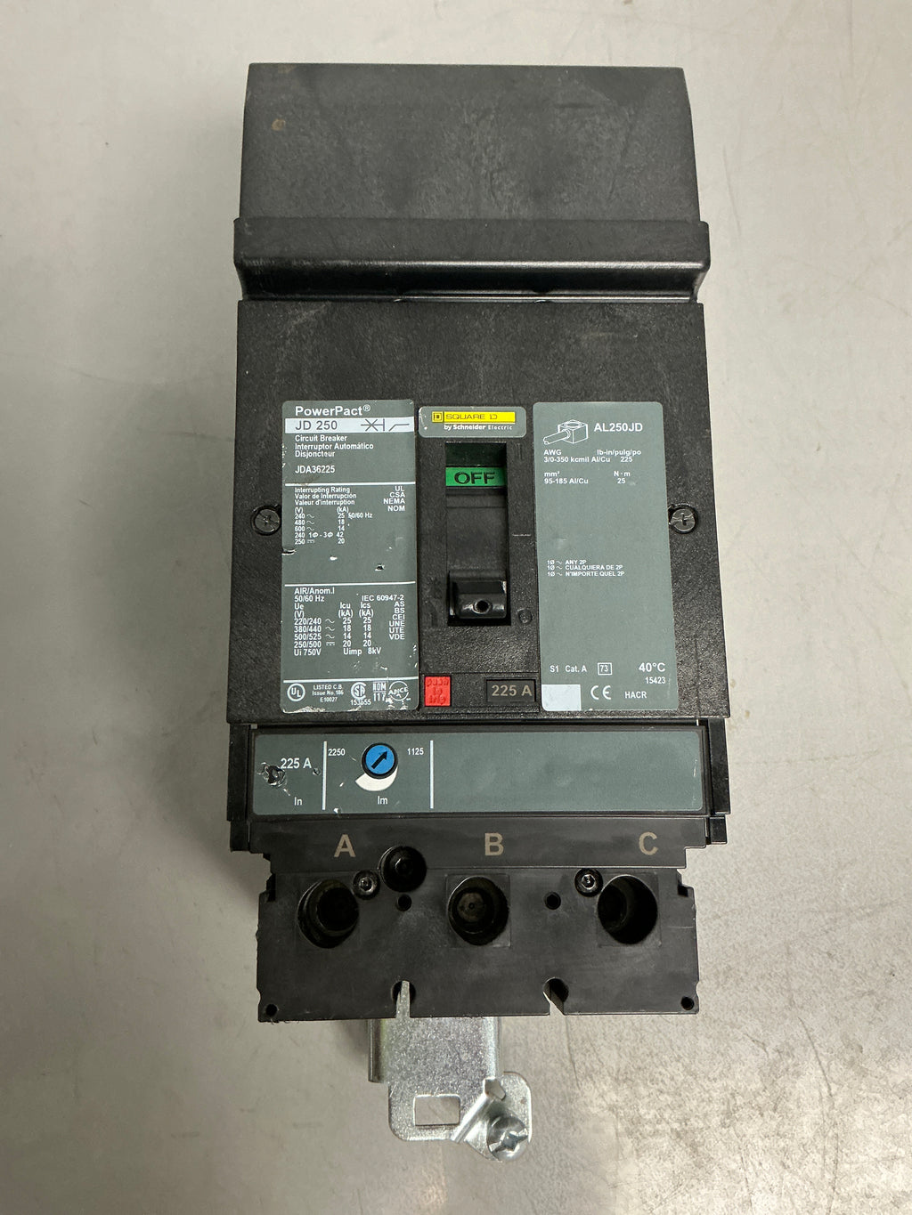 Used Squares D JDA36225 3 Pole, 225 Amps, 600 Volts