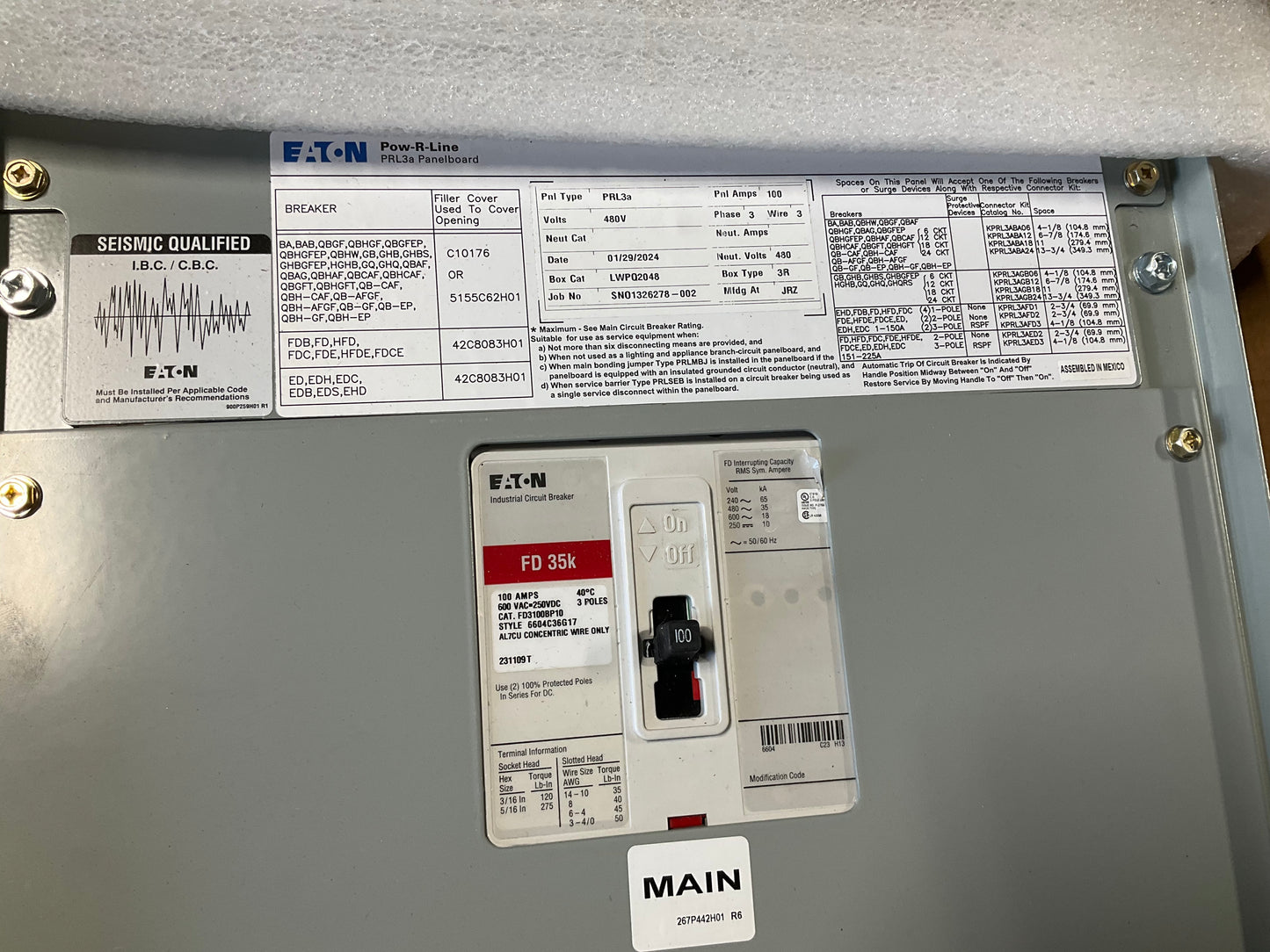 New Eaton PRL3A interior Main Distribution Panel (Interior Only) 480 Volt 100 Amp 3 Phase 3 Wire (item#p16)