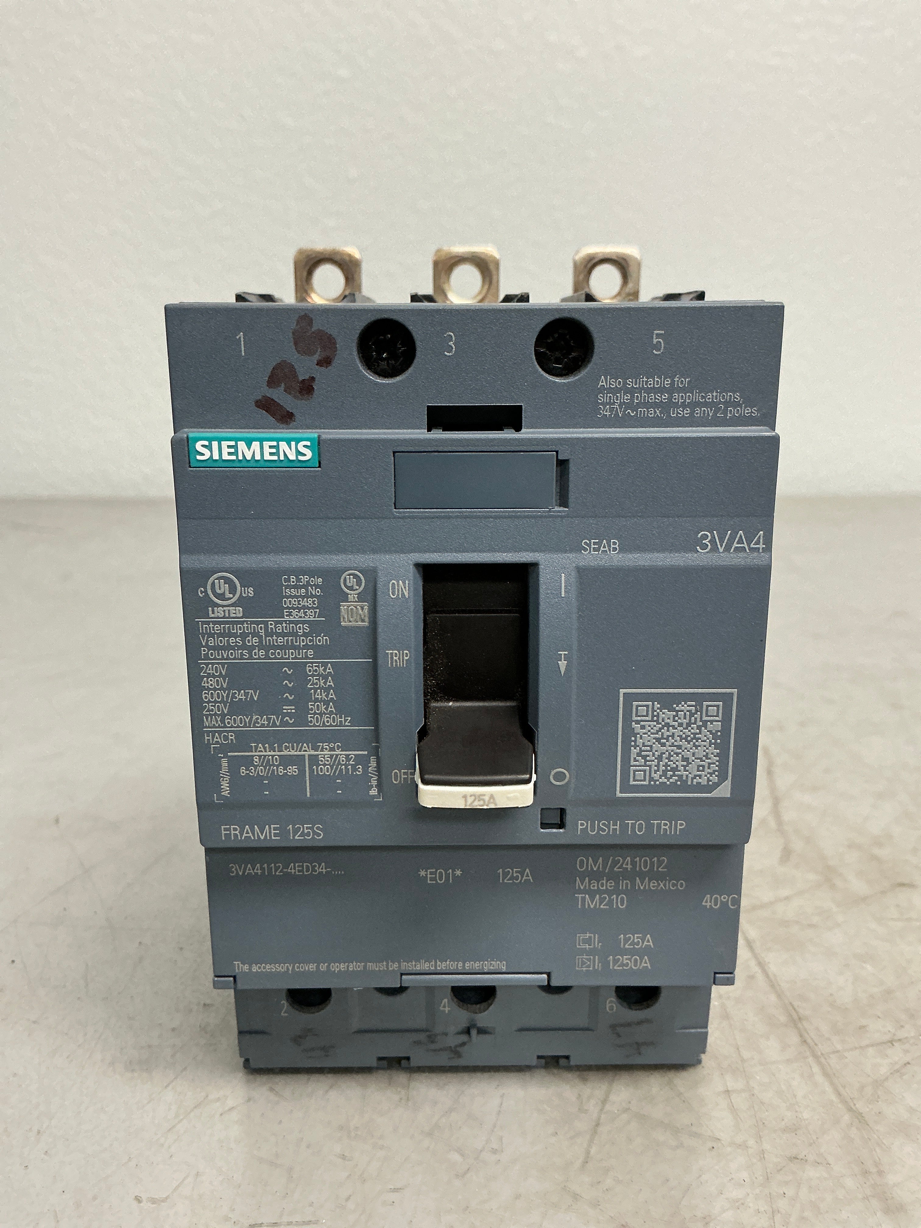 Used Siemens 3VA4112-4ED34-0AA0 3 Pole, 125 Amps, 480 Volts Circuit Breaker
