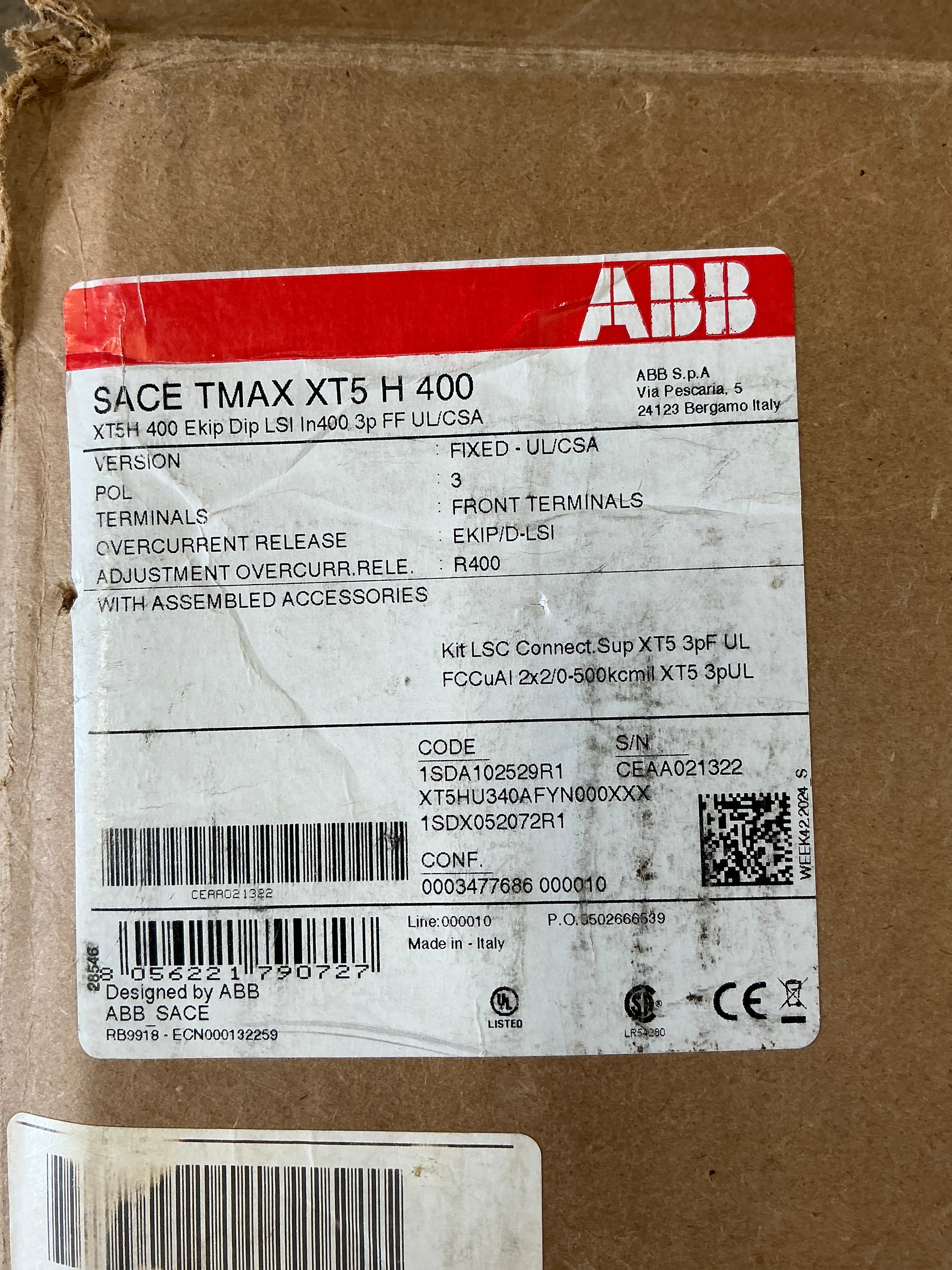 New ABB SACE TMAX XT5 H 400 Amps, 3 Pole, 480 Volts