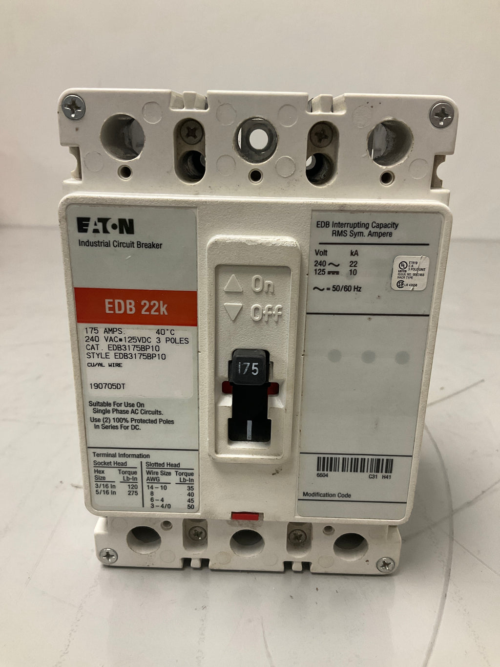 New Eaton EDB3175BP10 3 Pole, 175 Amps, circuit Breaker