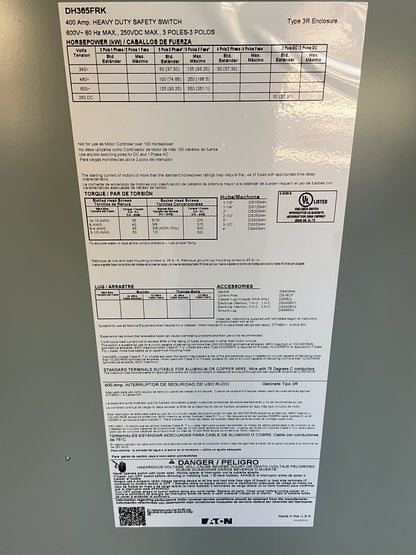 New Cutler-Hammer DH365FRK Disconnect 400 Amp 600 Volt Fusible Outdoor