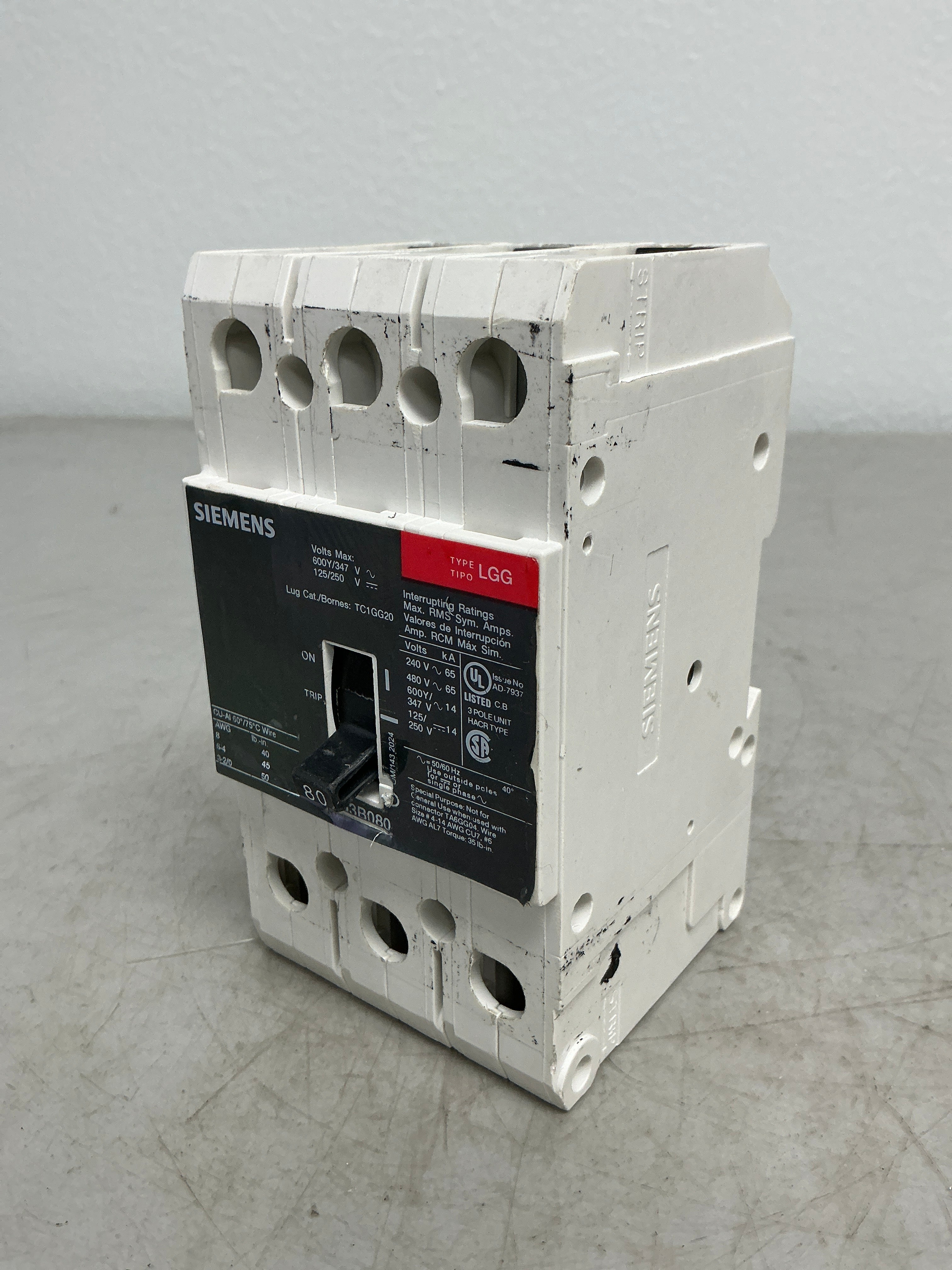Used Siemens LGG3B080 3 Pole, 80 Amps Circuit Breaker