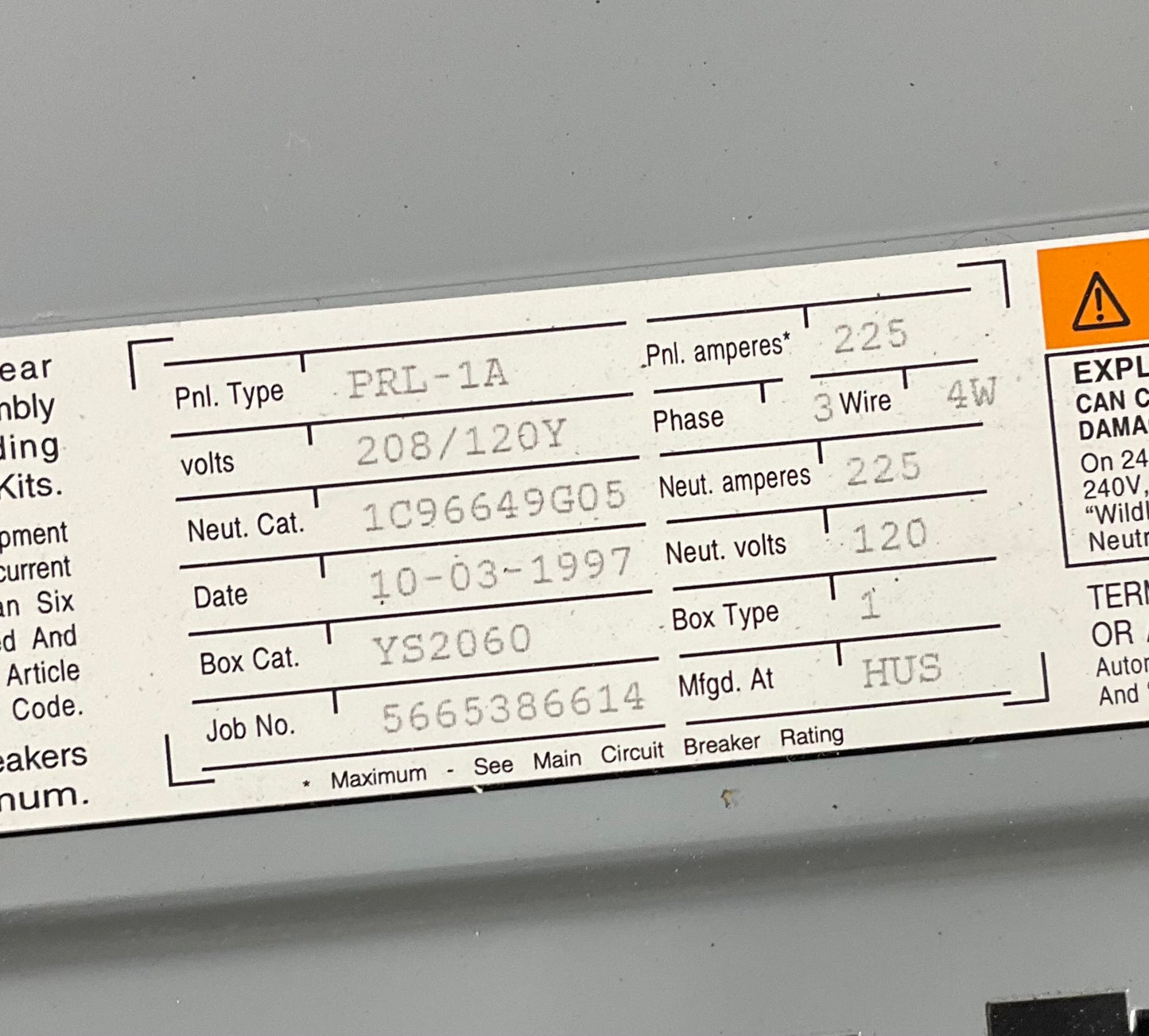 Used Cutler-Hammer Panelboard PRL-1A Main Lug 225 Amp 42 Circuit 3 Phase 4 Wire 208/120 Volt (item#p4)