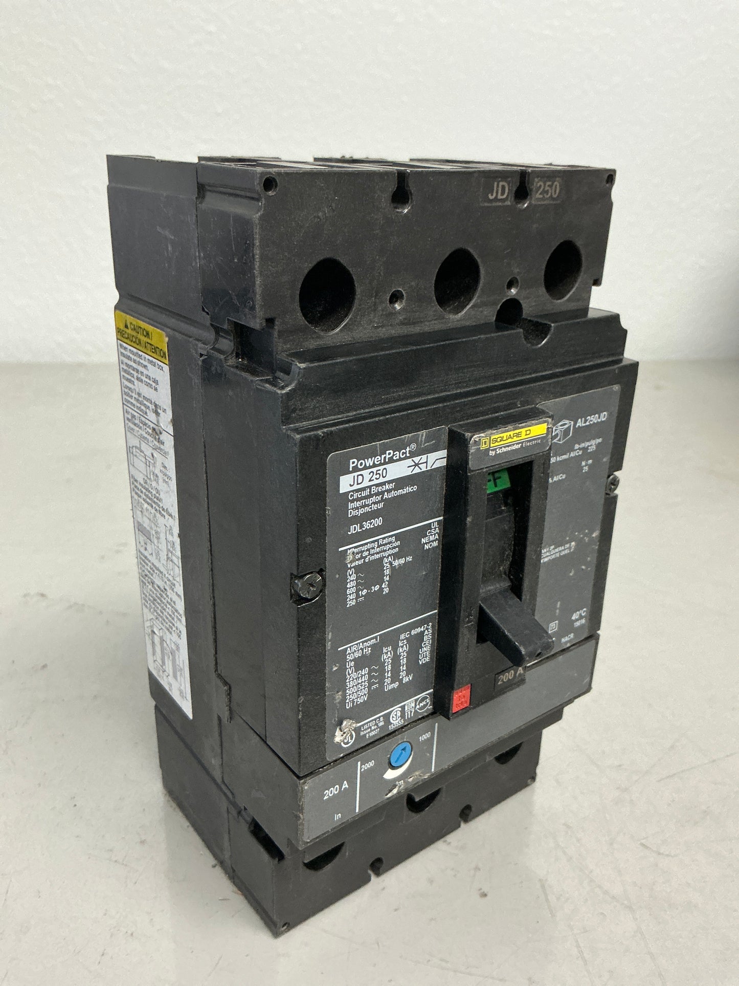Used Square D JDL36200 3 Pole, 200 Amps, 600 Volts Circuit Breaker