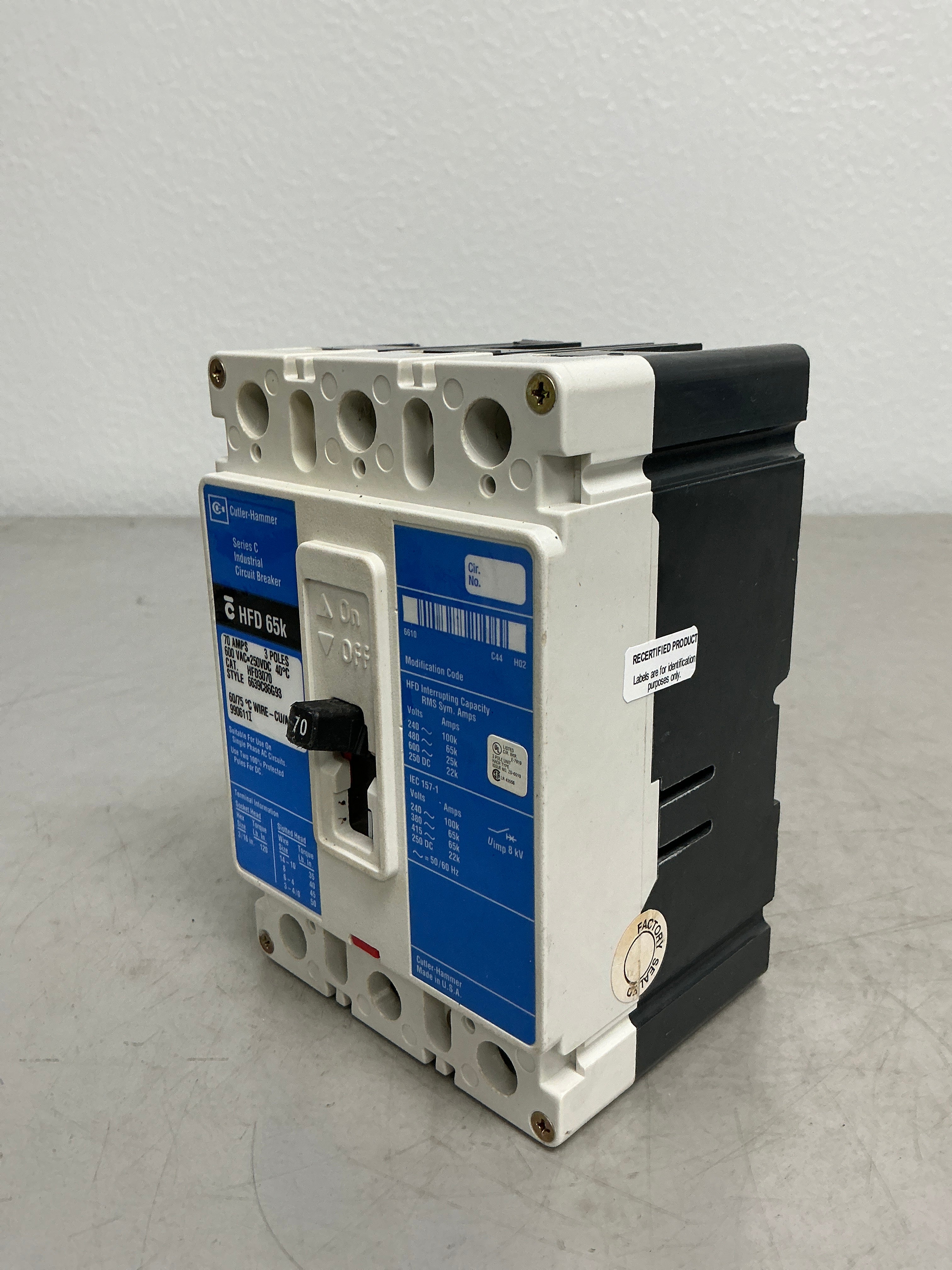 Used HFD3070 3 Pole, 70 Amps, 480 Volts
