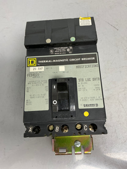 Used Square D FC34020 3 Pole, 20 Amps, 600 Volts