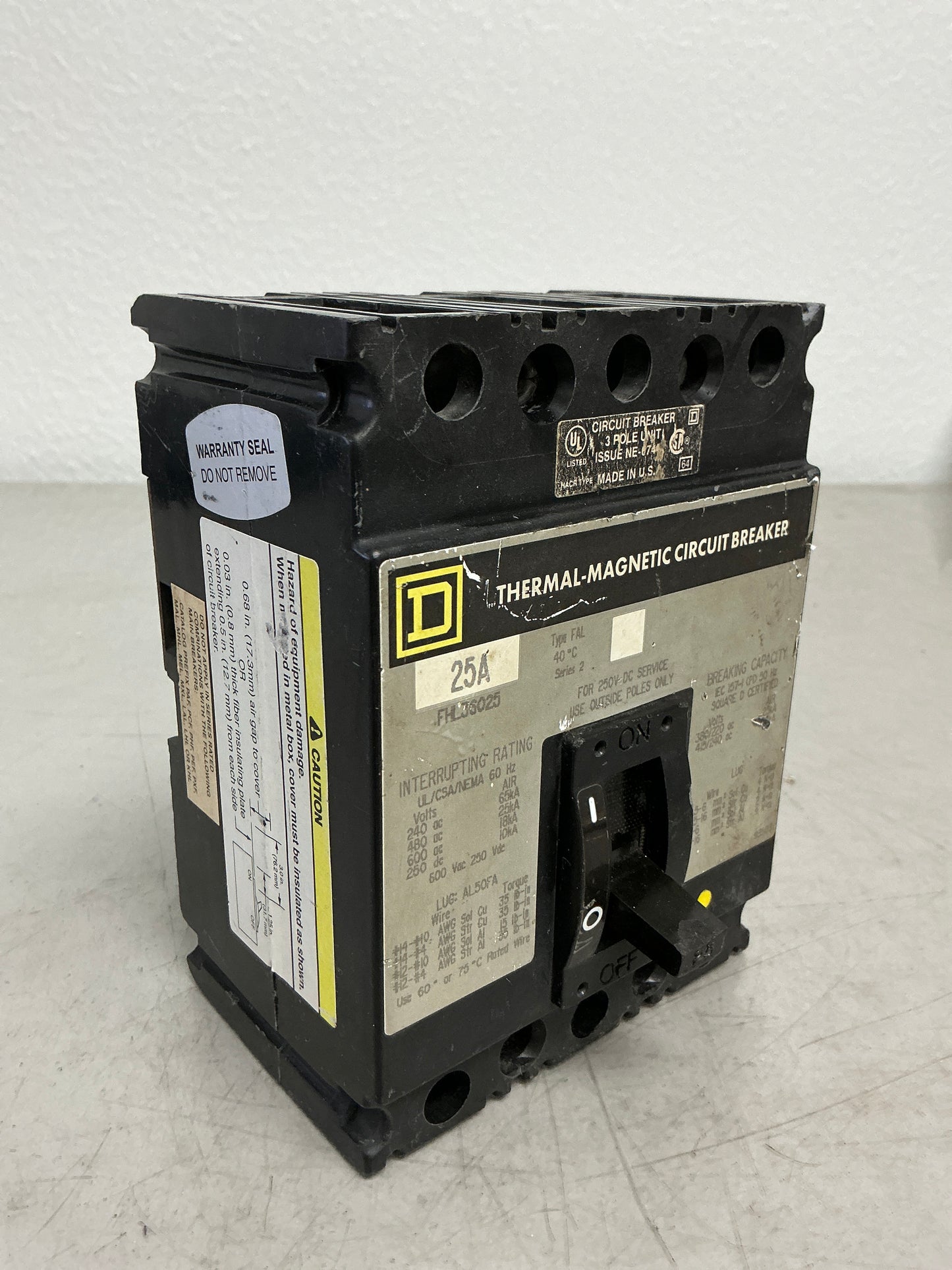 Used Square D FHL36025 3 Pole, 25 Amps, 600 Volts