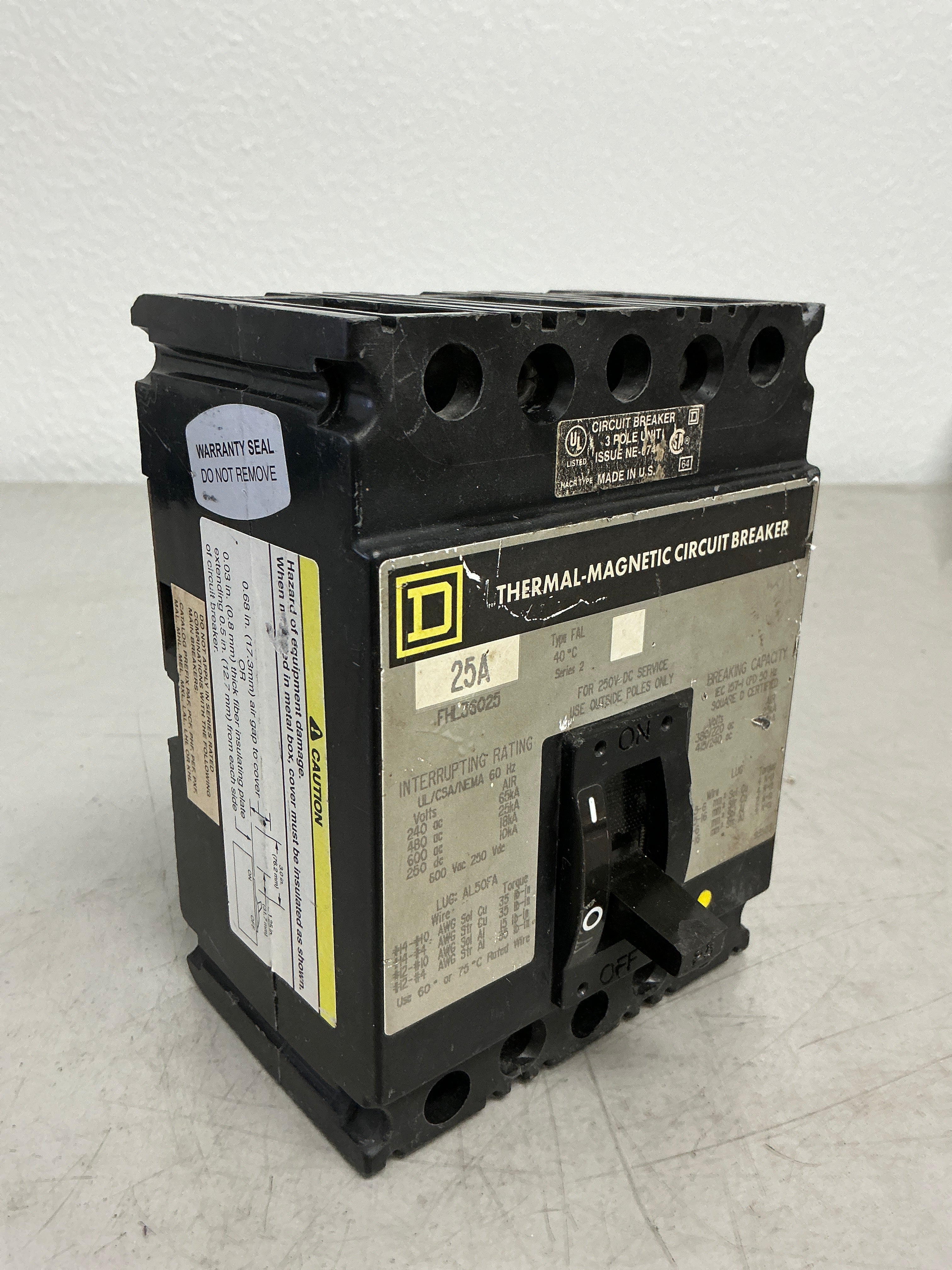 Used Square D FHL36025 3 Pole, 25 Amps, 600 Volts