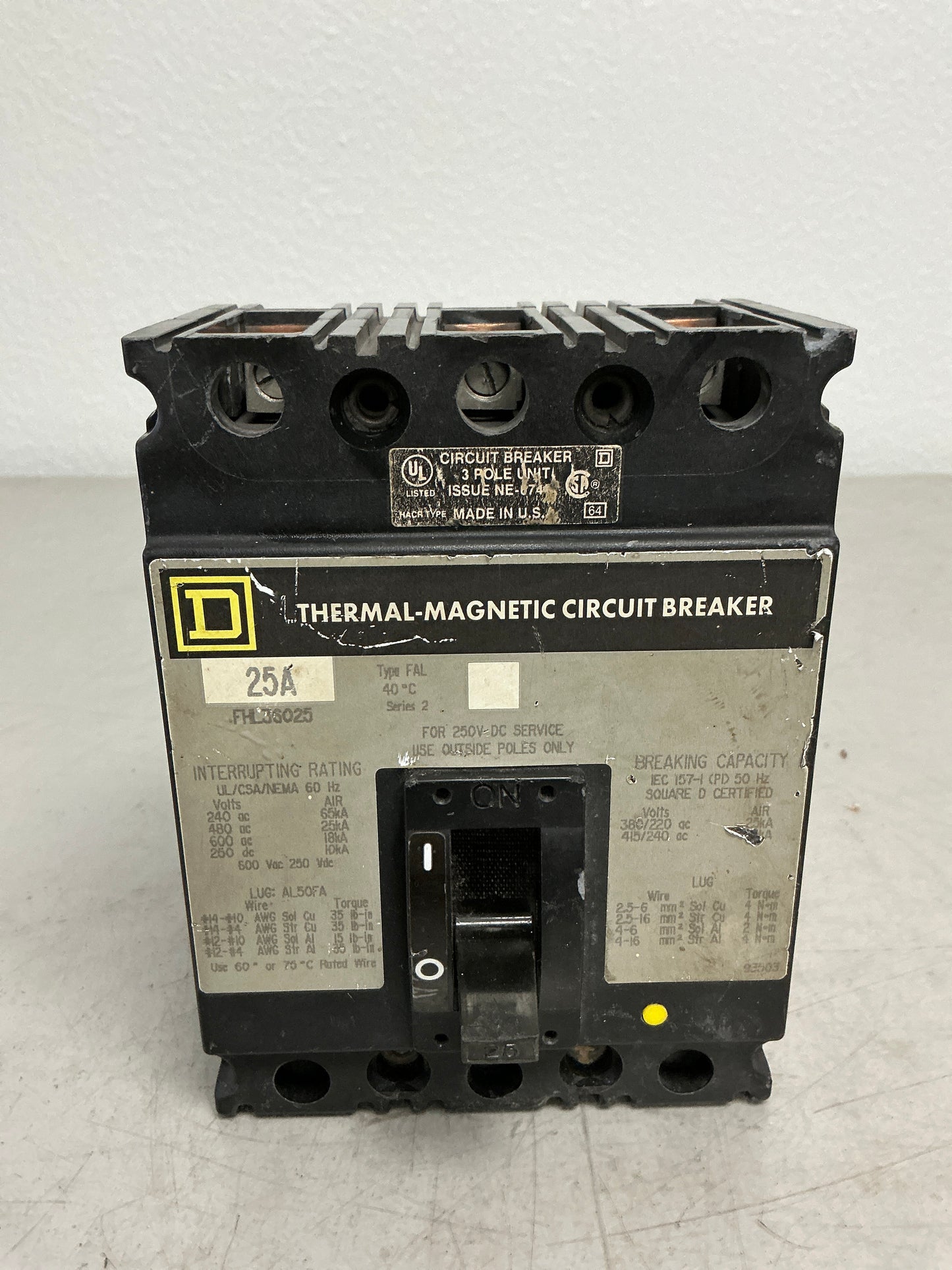 Used Square D FHL36025 3 Pole, 25 Amps, 600 Volts