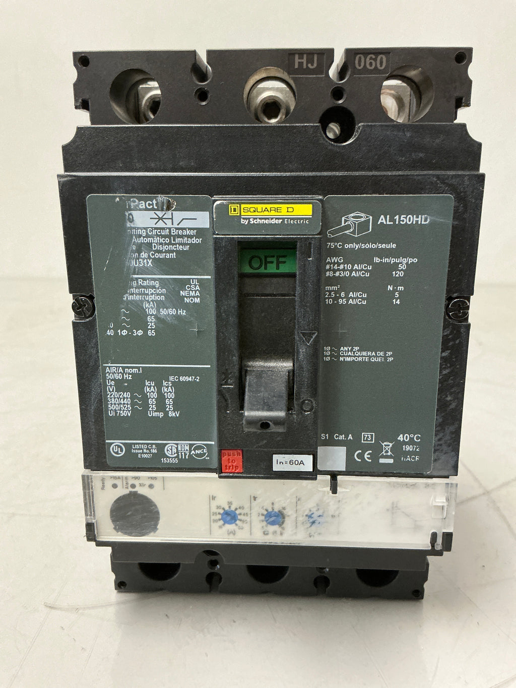 Used Square D HJL36060U31X 3 Pole, 60 Amps, 600 Volts circuit Breaker