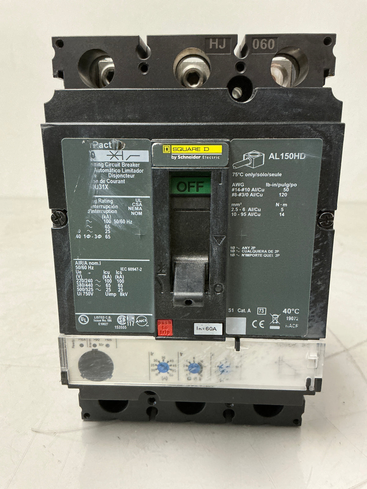 Used Square D HJL36060U31X 3 Pole, 60 Amps, 600 Volts circuit Breaker