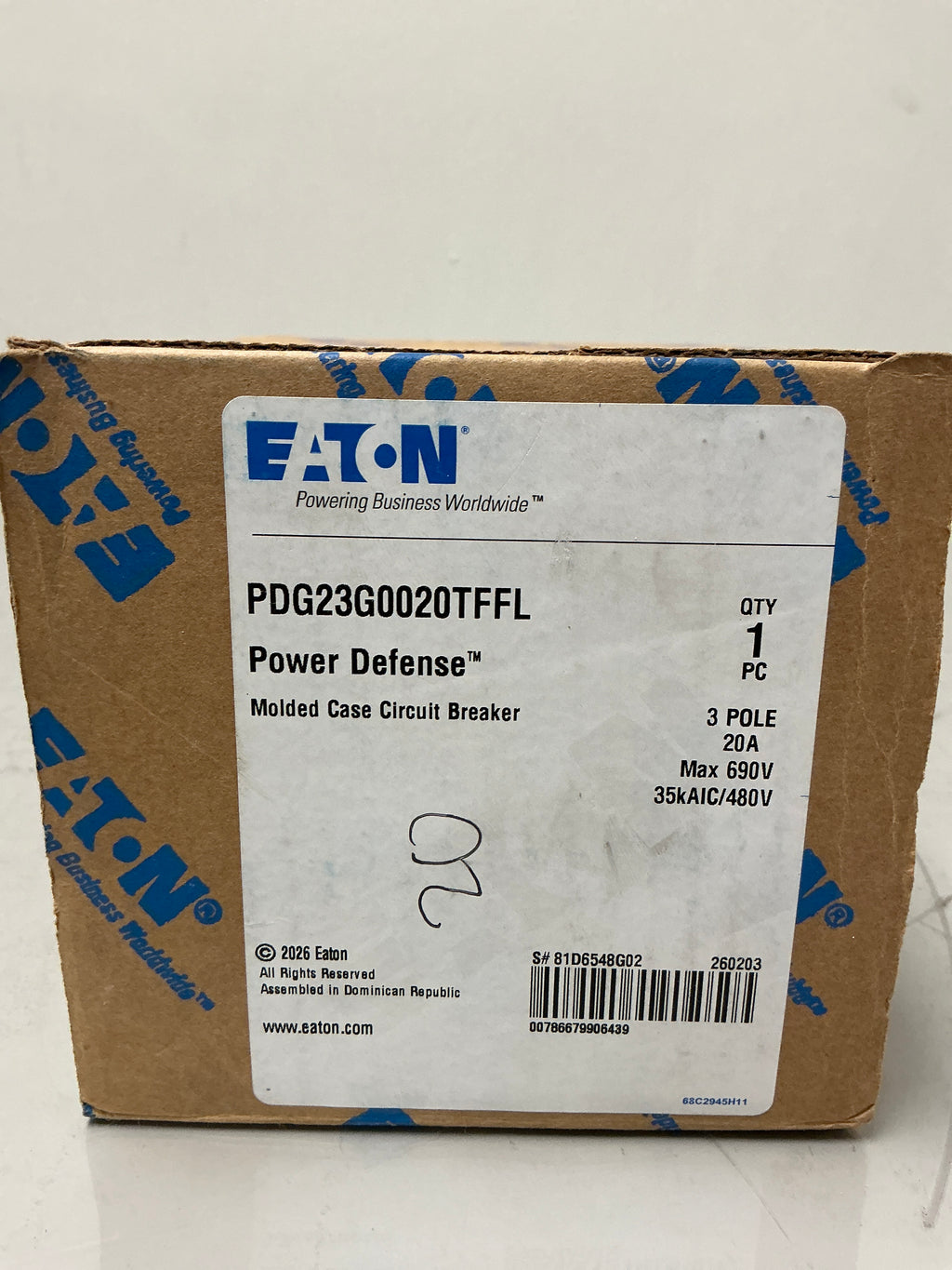 New Eaton PDG23G0020TFFL 3 Pole, 20 Amps, 480 Volts Circuit Breaker
