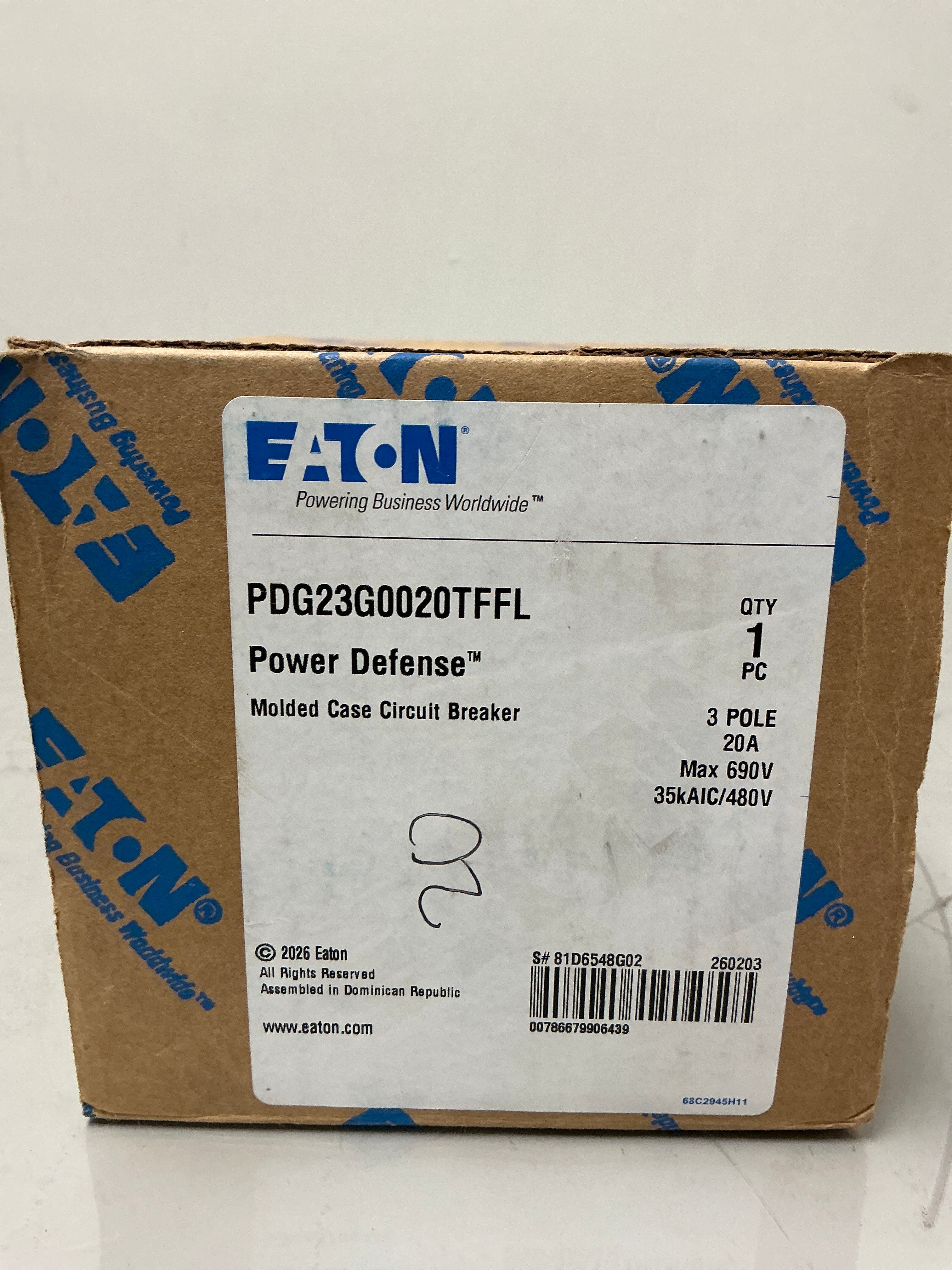 New Eaton PDG23G0020TFFL 3 Pole, 20 Amps, 480 Volts Circuit Breaker