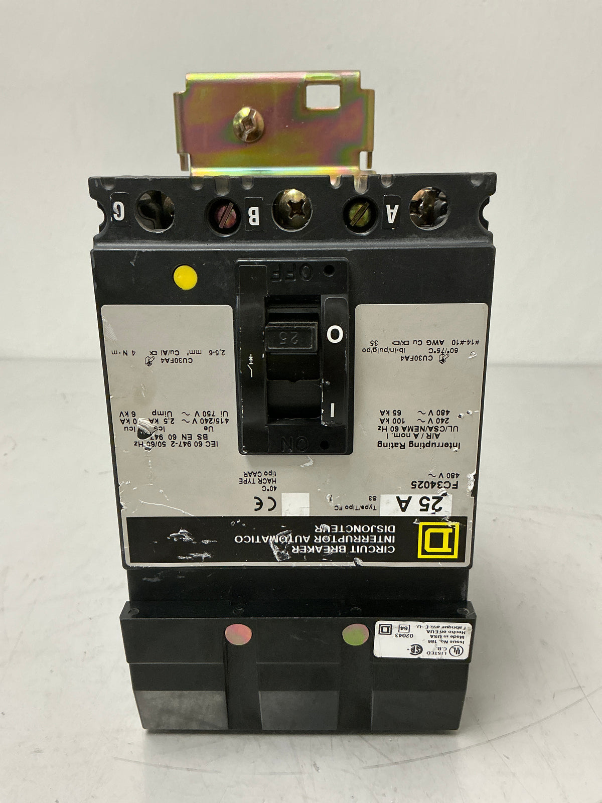 Used Square D FC34025 3 Pole, 25 Amps, 480 Volts Circuit Breaker