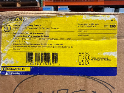 New Square D H366NR 600 Amp 600 Volt Neutral Installed Outdoor Fusible 3R Rated