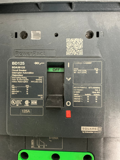 New Square D BDA36125 3 Pole, 125 Amps, 600 Volts