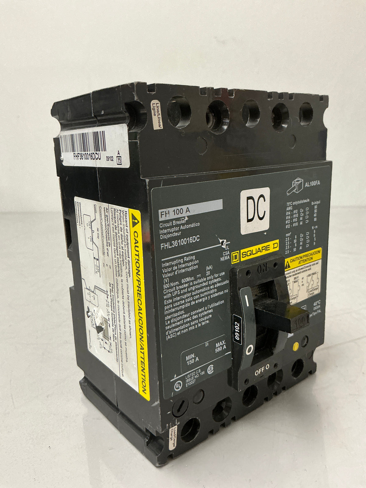 Used Square D FHL3610016DC 3 Pole, 100 Amps, 600 Volts Circuit Breaker