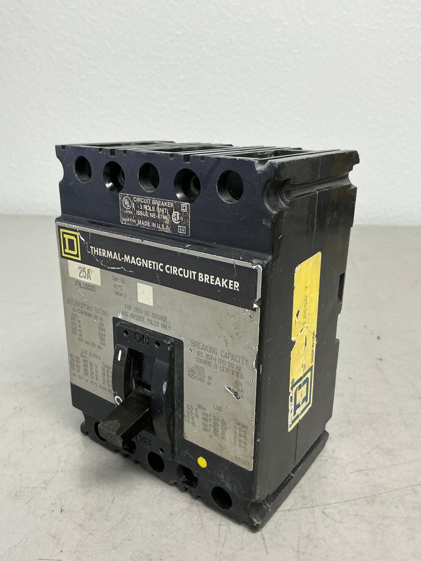Used Square D FHL36025 3 Pole, 25 Amps, 600 Volts