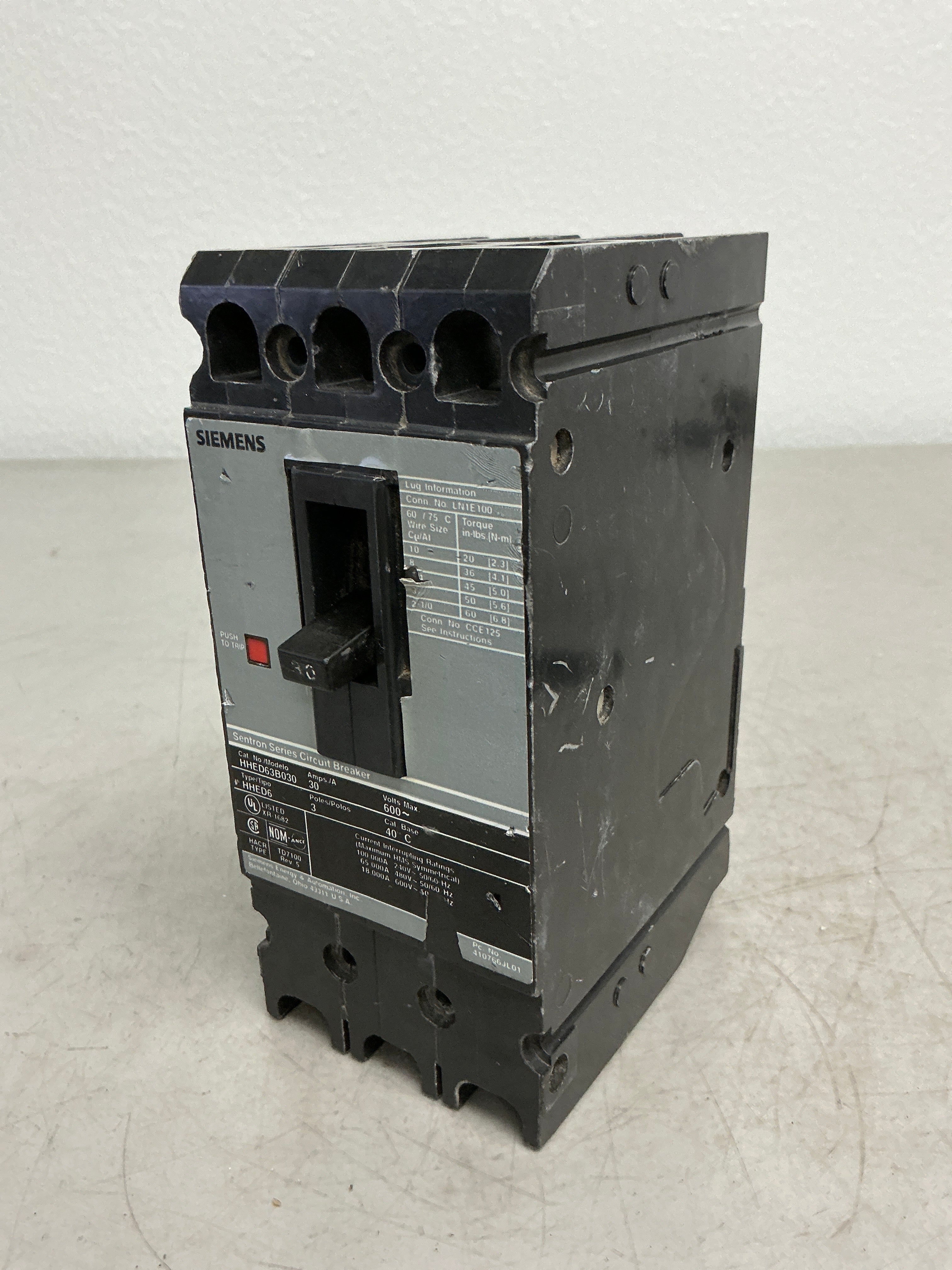 Used Siemens HHED63B030 3 Pole, 30 Amps, Circuit Breaker