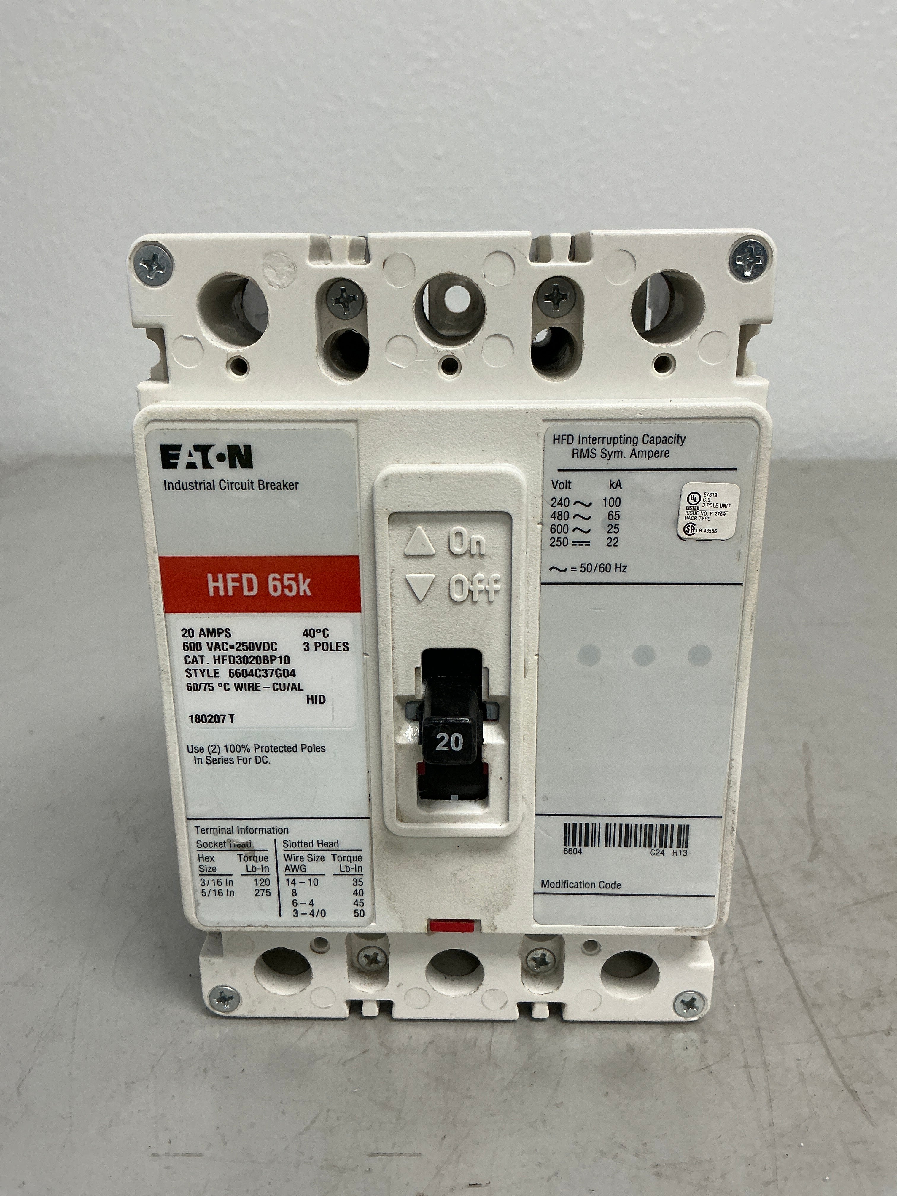 New Eaton HFD3020BP10 3 Poles, 20 Amps, 600 Volts