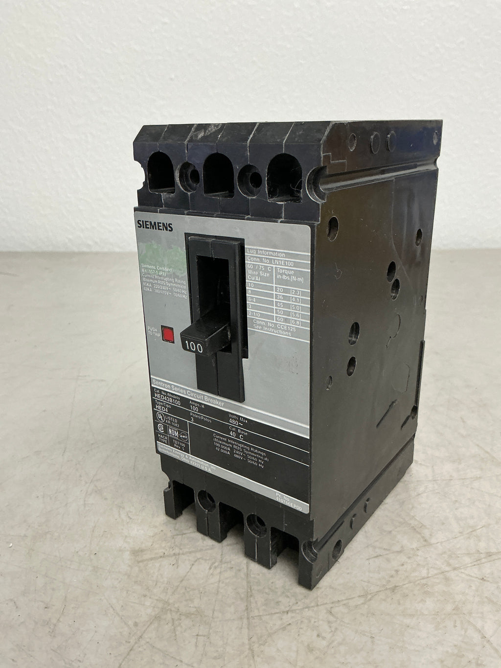 Used Siemens HED43B100 3 Pole, 100 Volts, 480 Volts Circuit Breaker