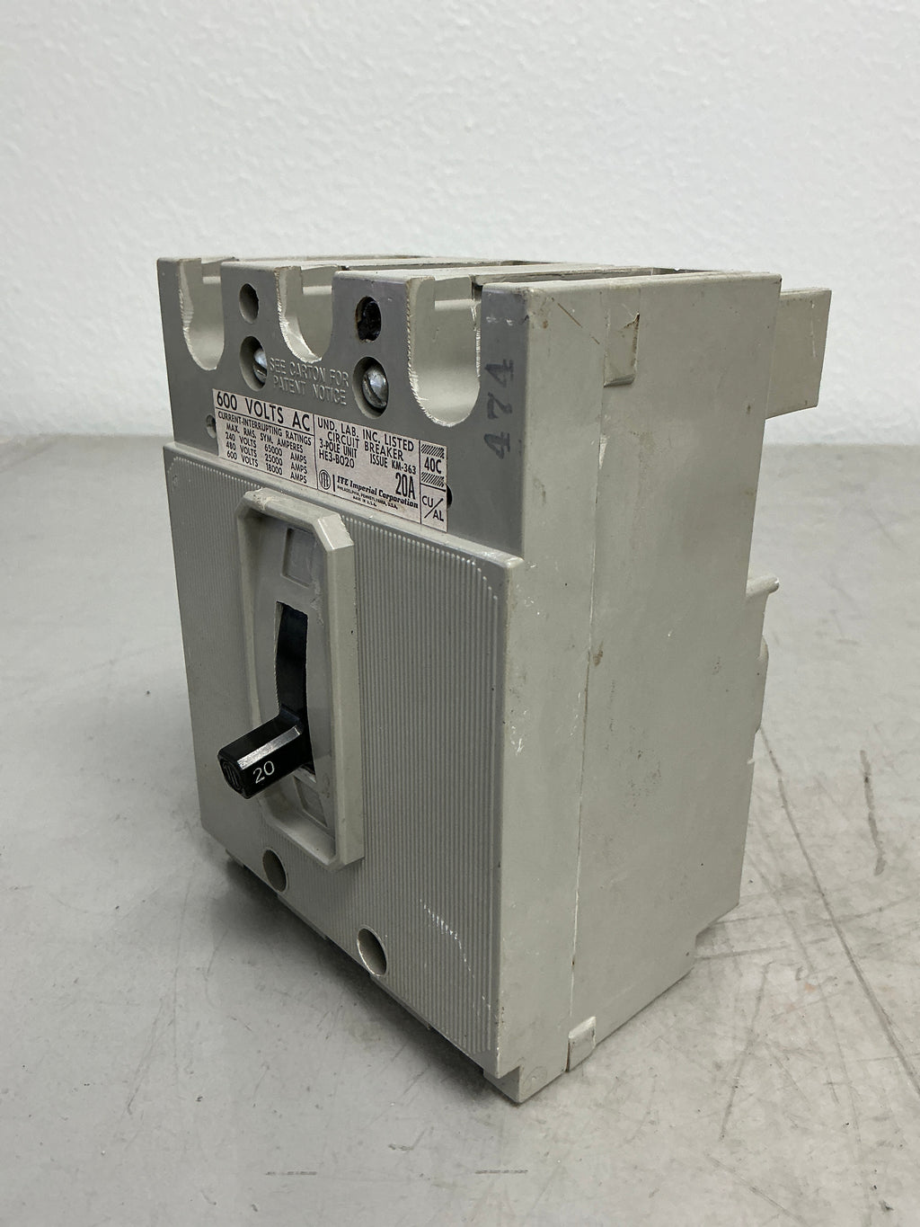 Used HE3B020 3 Pole, 20 Amps, 600 Volts
