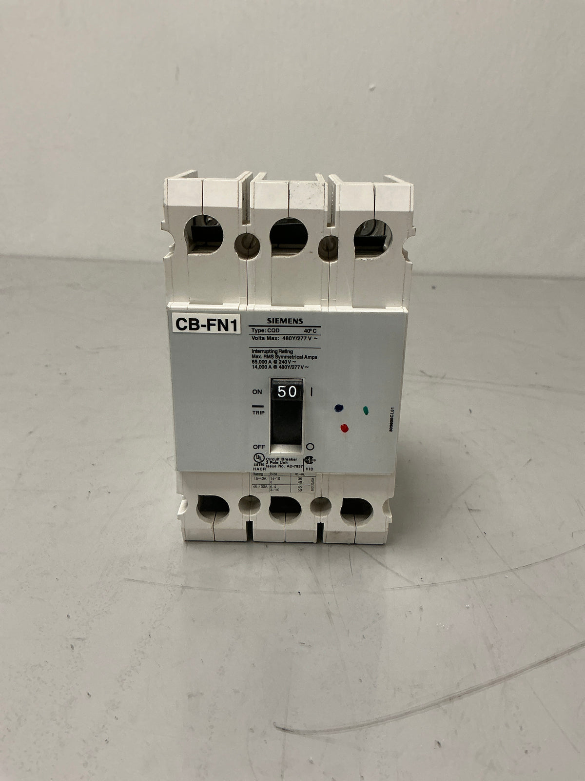 Used Siemens CQD350 3 Pole, 50 Amps, 480 Volts Circuit Breaker