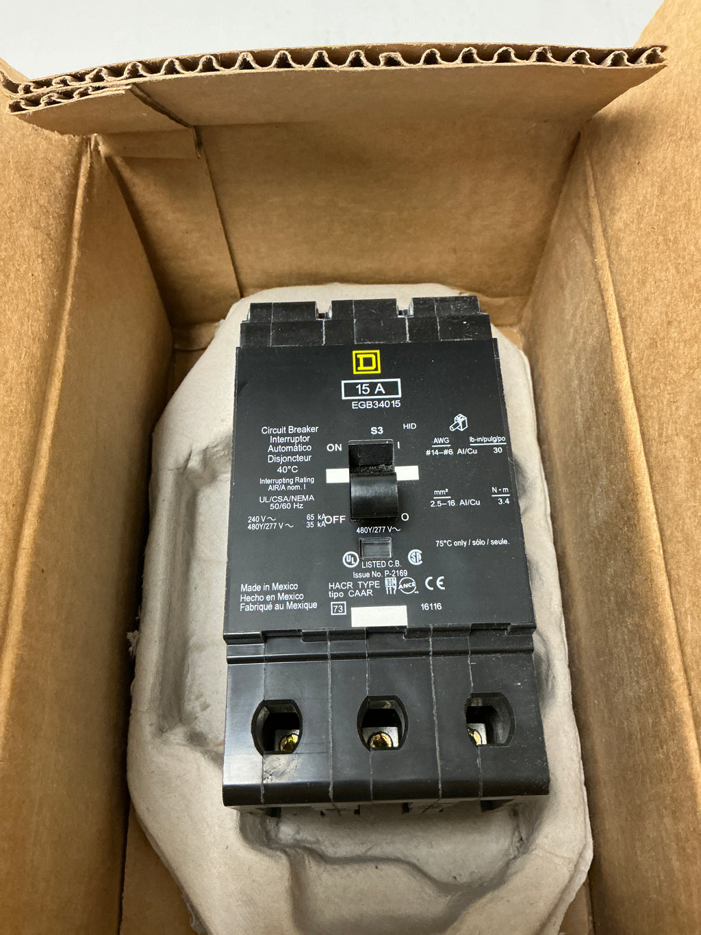 New Square D EGB34015 3 Pole, 15 Amps, 480 Volts Circuit Breaker