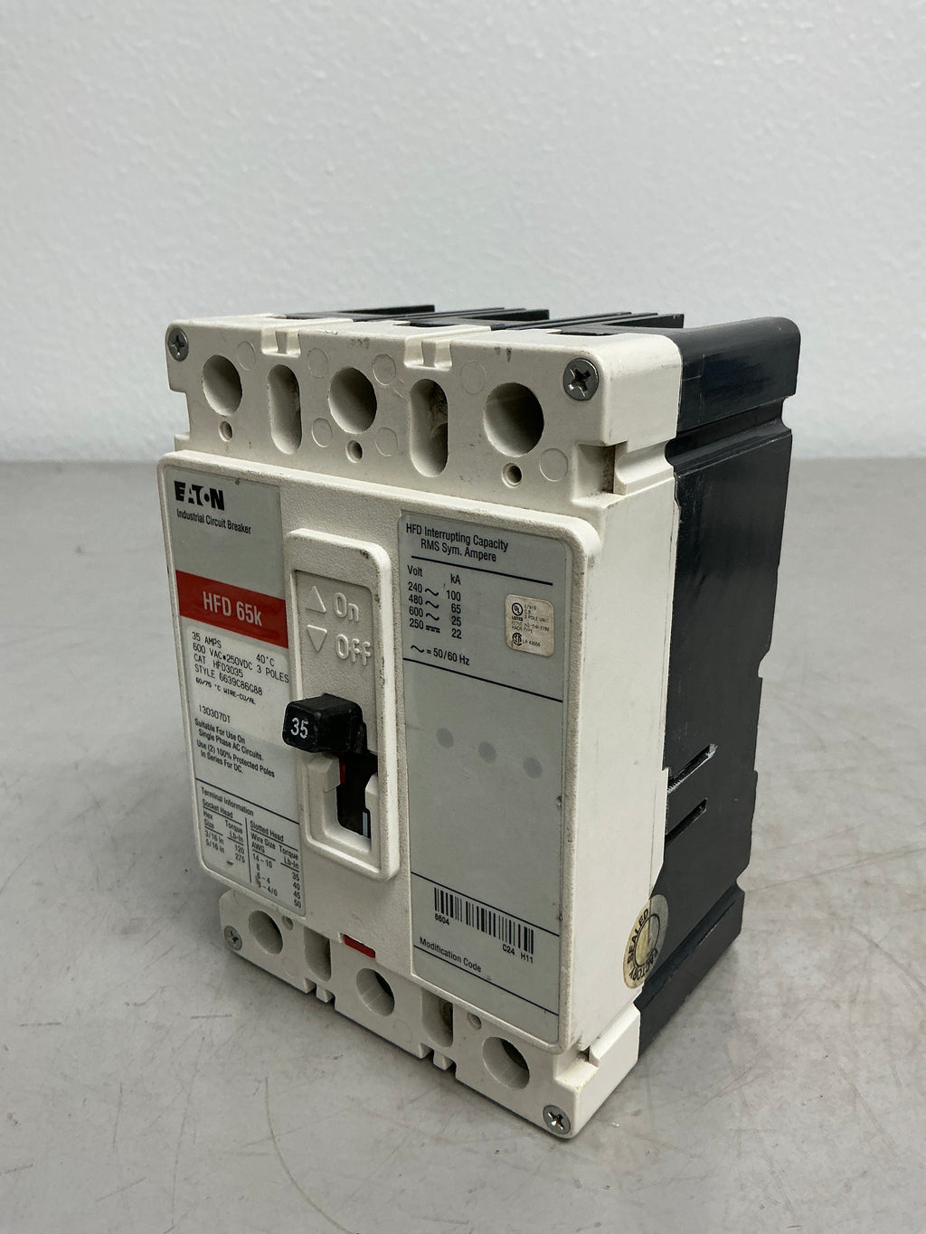 Used Eaton HFD3025 3 Pole, 25 Amps, 480 Volts