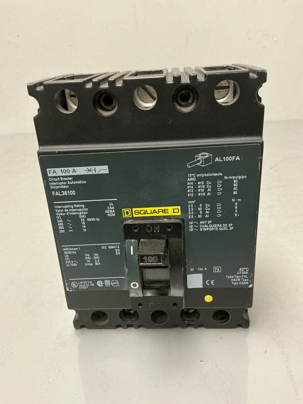 Used Square D FAL36100, 3 Pole, 100 Amps, 600 Volts Circuit Breaker
