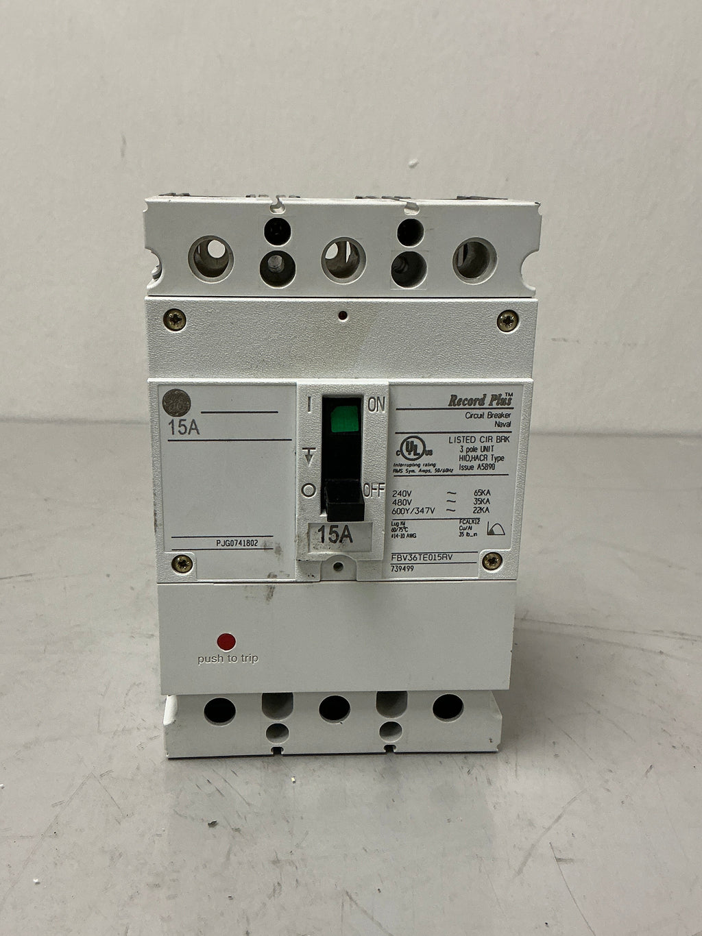 Used GE FBV36TE015RV, 3Pole, 15Amps, 600 Volts Circuit Breaker