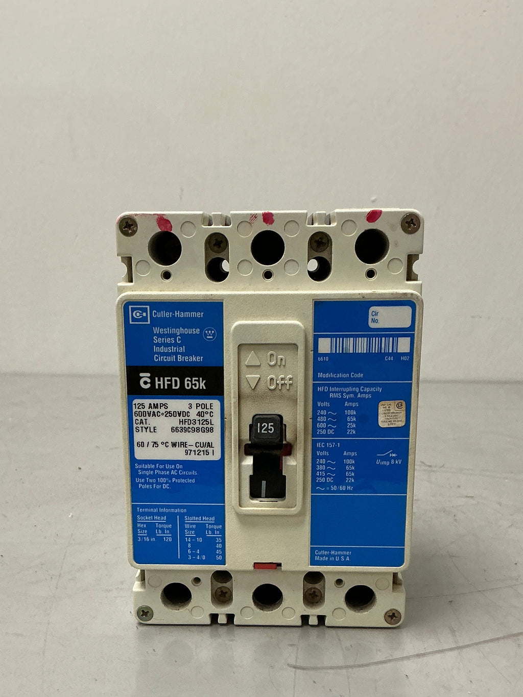 Used Cutler-Hammer HFD3125L 3 Pole, 125 Amps, Circuit Breaker