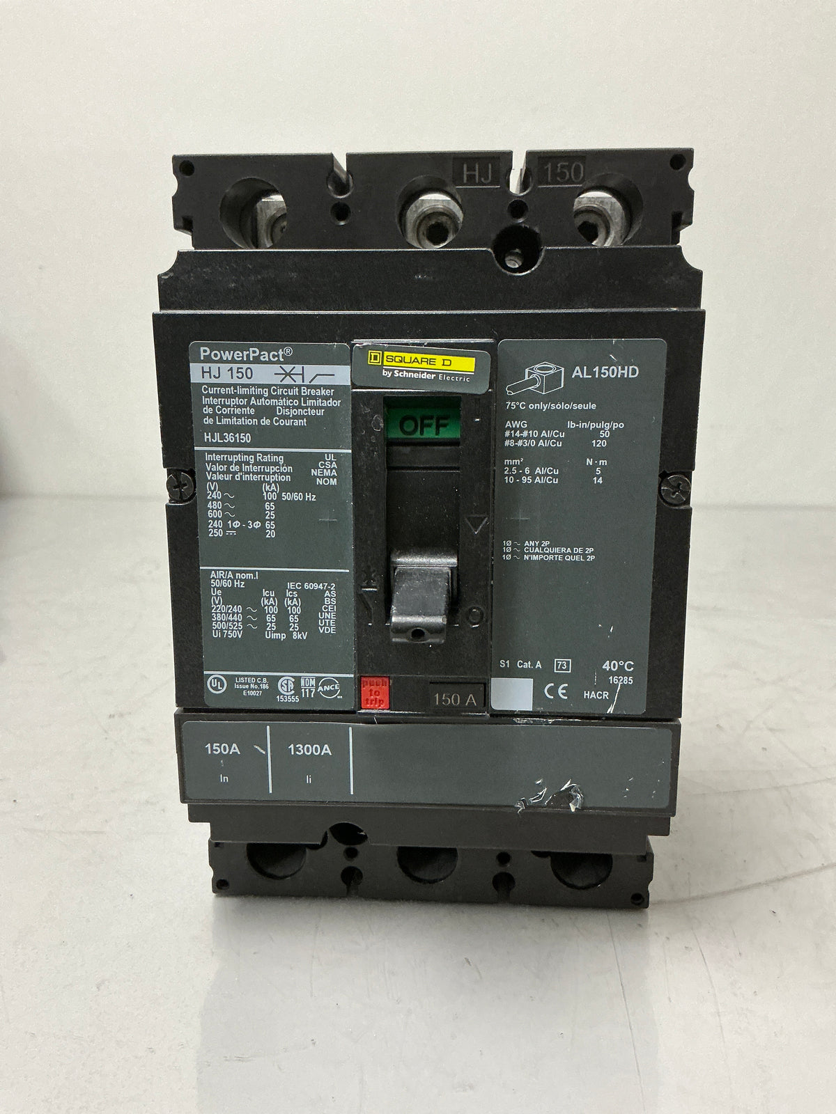 Used Square D HJL36150 3 Pole, 150 Amps, 600 Volts Circuit Breaker