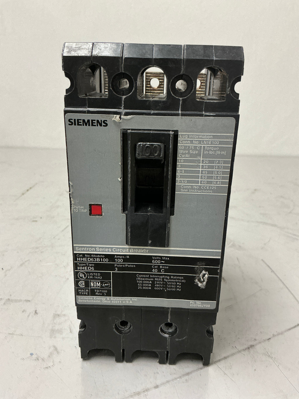 Used Siemens HHED63B100 3 Pole, 100 Amps, 600 Volts Circuit Breaker
