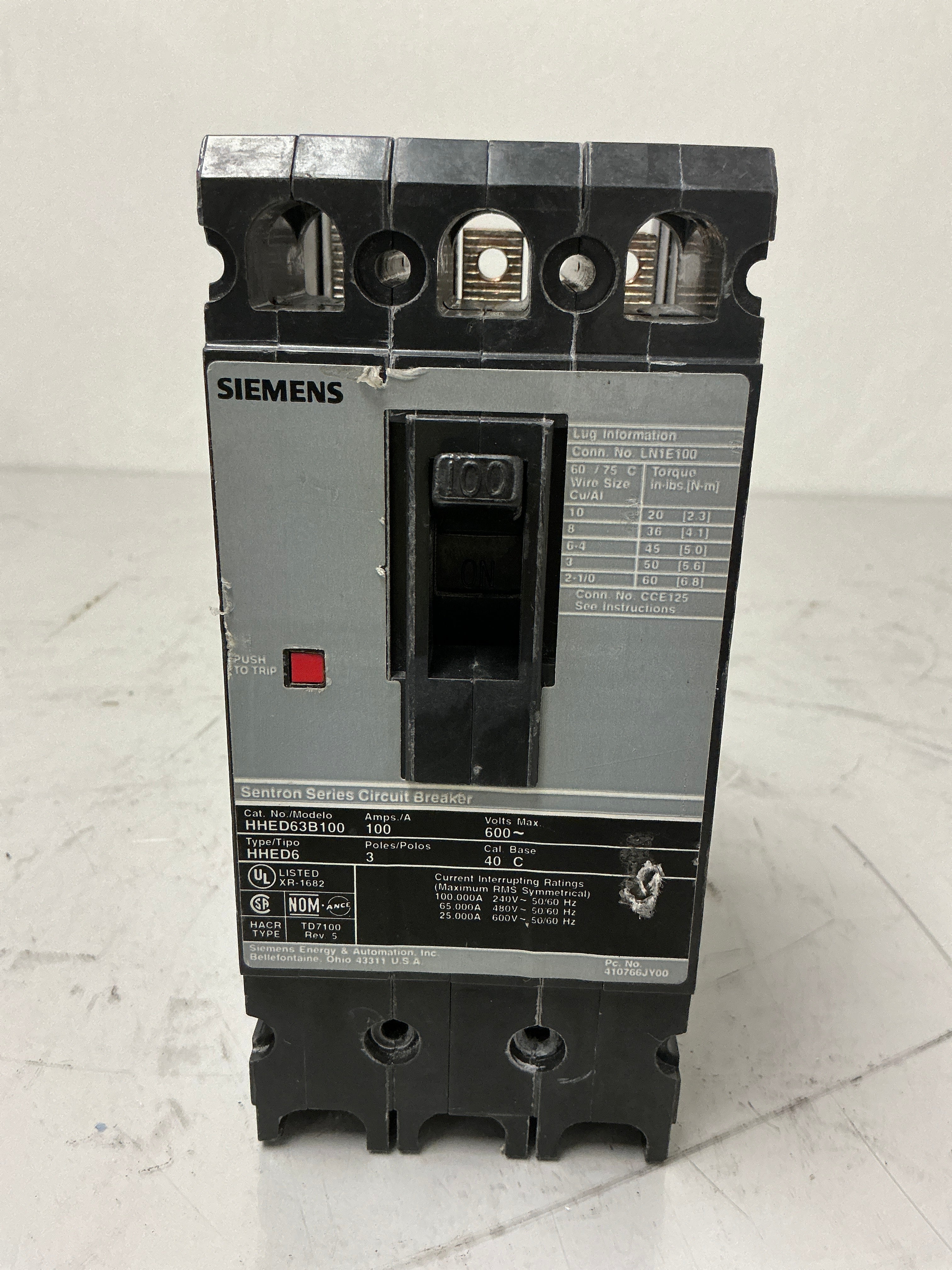 Used Siemens HHED63B100 3 Pole, 100 Amps, 600 Volts Circuit Breaker