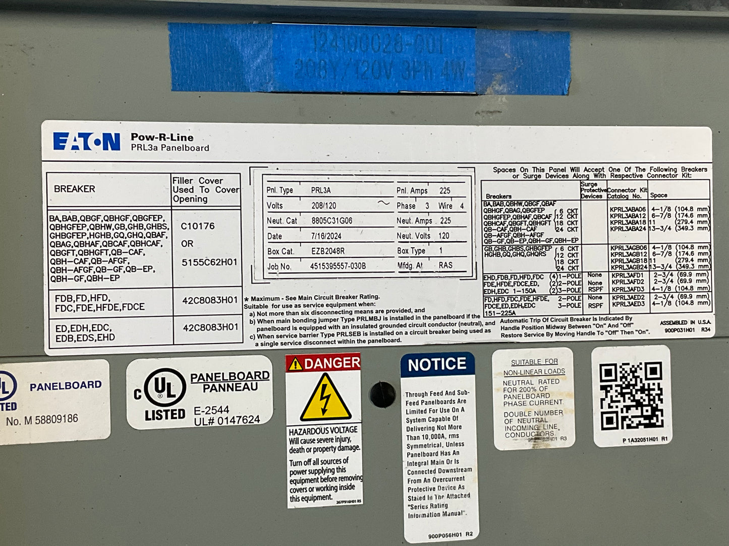 New Eaton Panelboard 225 Amp MDP 208/120 Volt (item#p19)