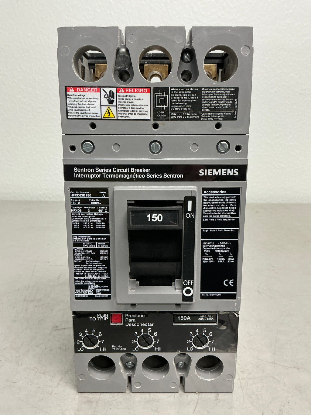 Used Siemens HFXD63B150 3 Pole, 150 Amps, 600 Volts