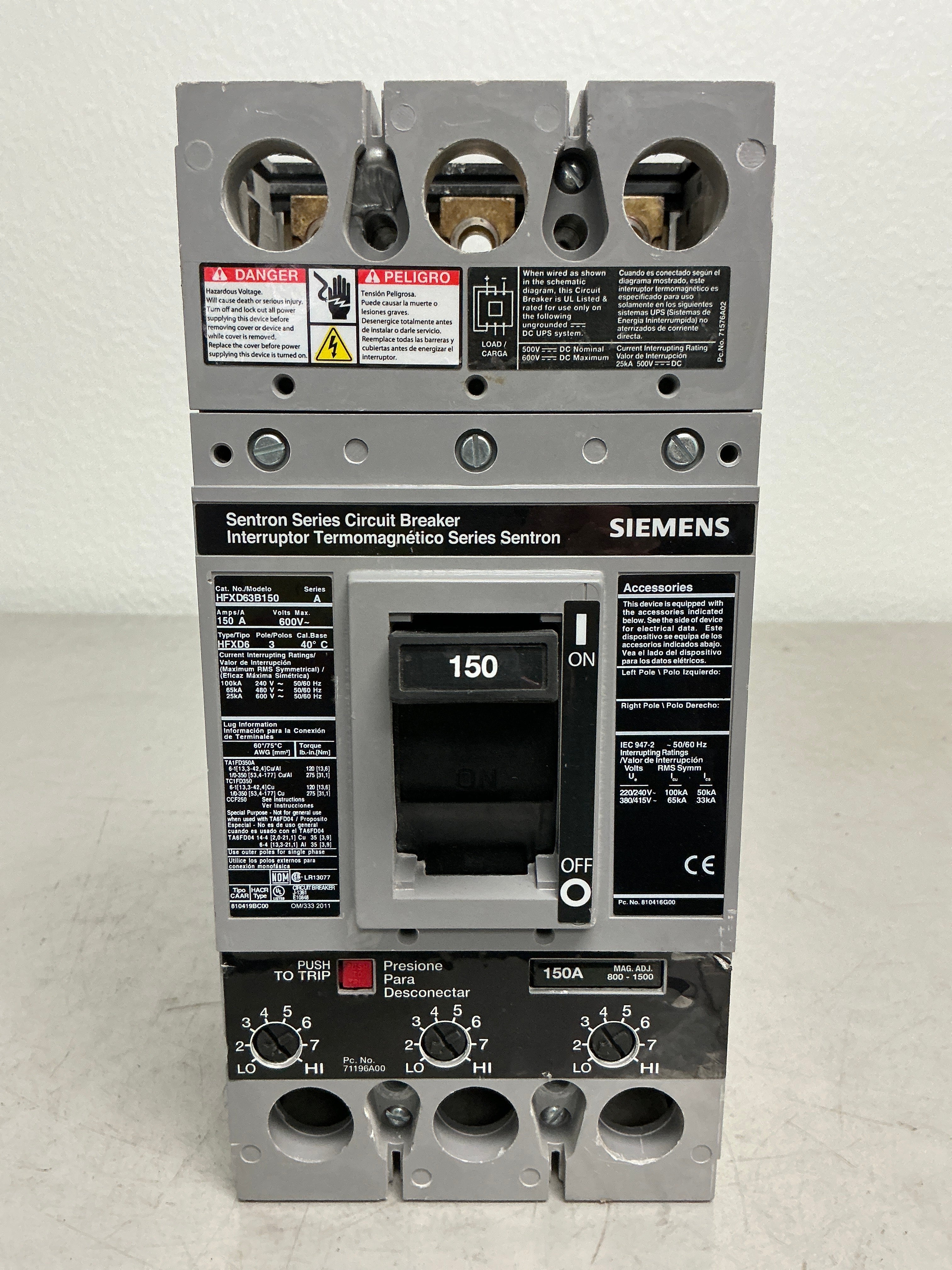 Used Siemens HFXD63B150 3 Pole, 150 Amps, 600 Volts