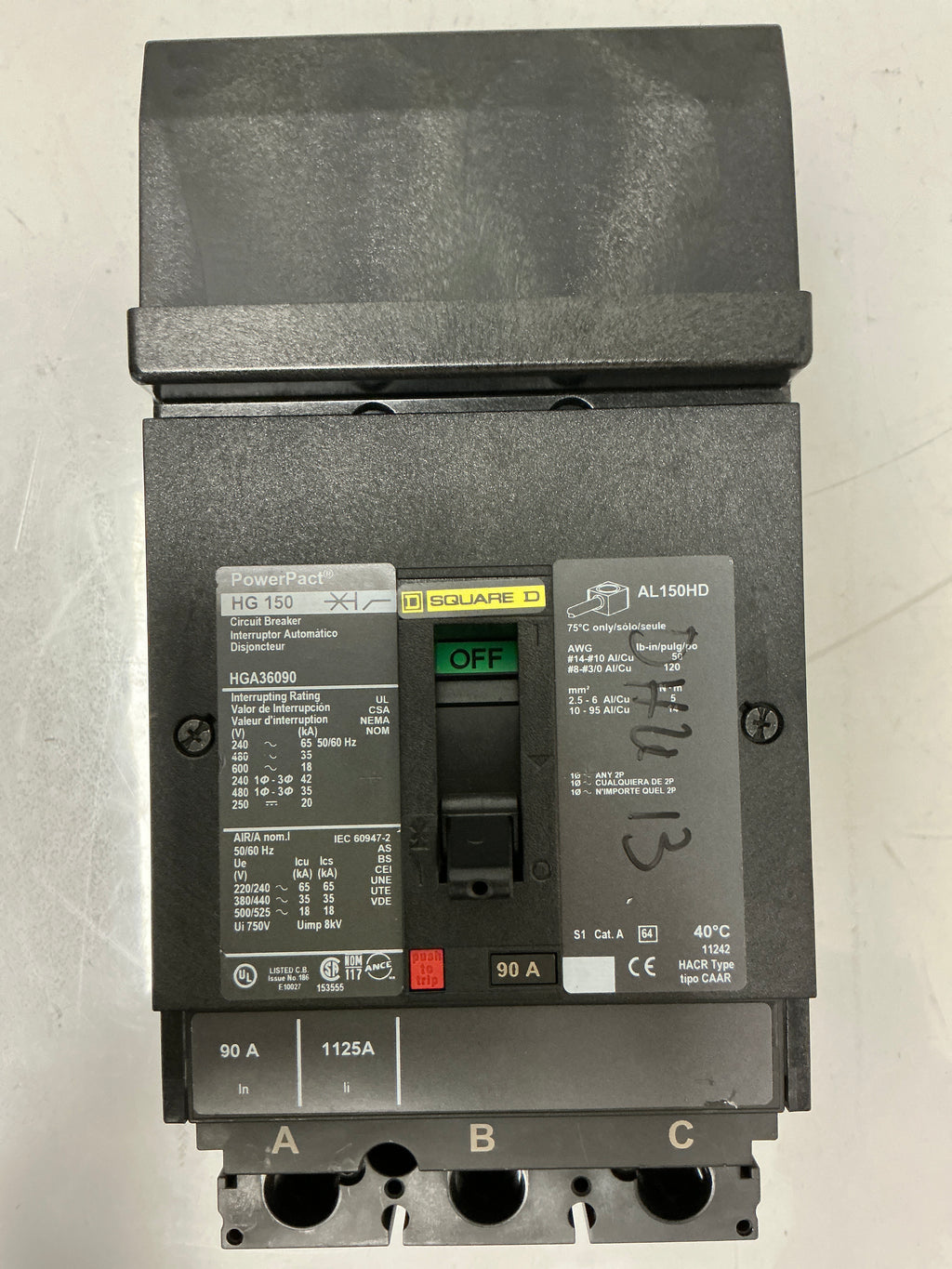 Used Square D HGA36090 3 Pole, 90 Amps, 600 Volts Circuit Breaker