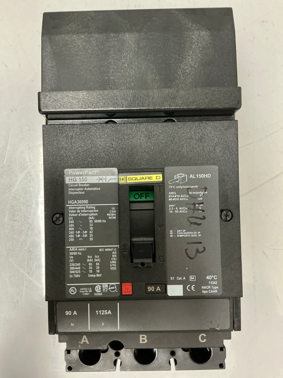 Used Square D HGA36090 3 Pole, 90 Amps, 600 Volts Circuit Breaker