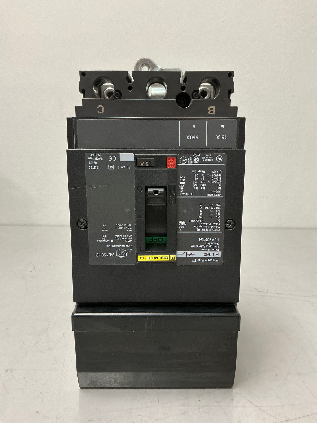 Used Square D HJA26015 2 Pole, 15 Amp, 600 Volt Circuit Breaker