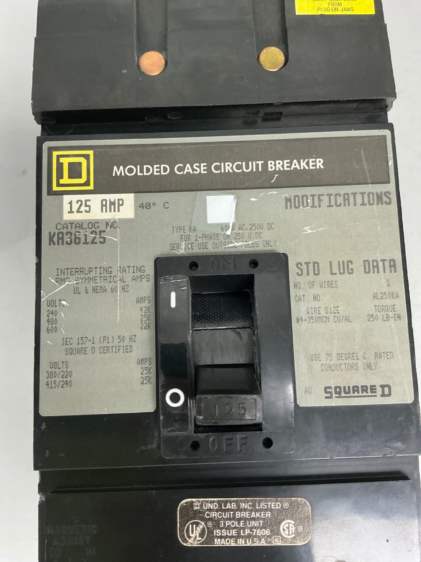 Used Square D KA36125 3 Pole, 125 Amps, 600 Volts