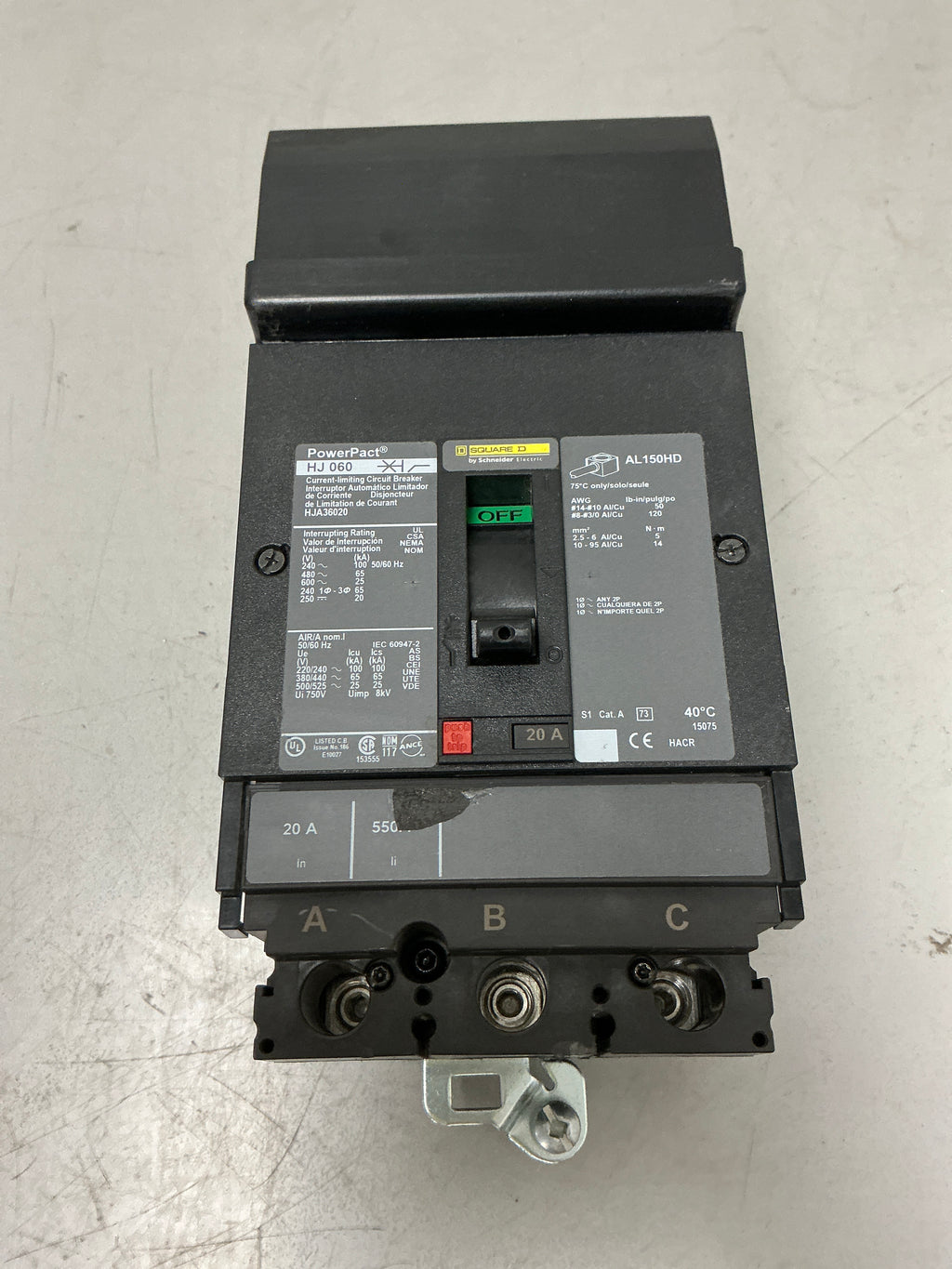 New Square D HJA36020 3 Pole, 20 Amps, 600 Volts Circuit Breaker