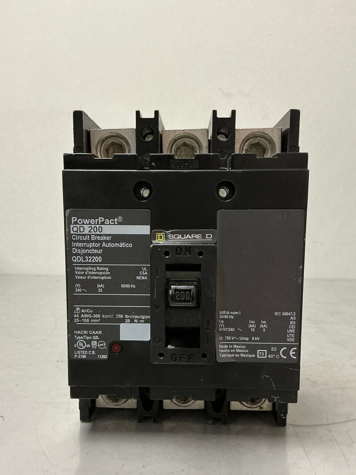 Used Square D QDL32200 3 Pole, 200 Amps, 240 Volts Breaker