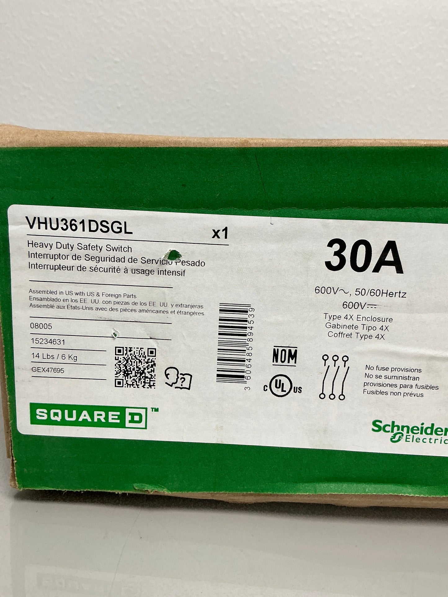 New Square D VHU361DSGL 30 Amps, 600 Volts