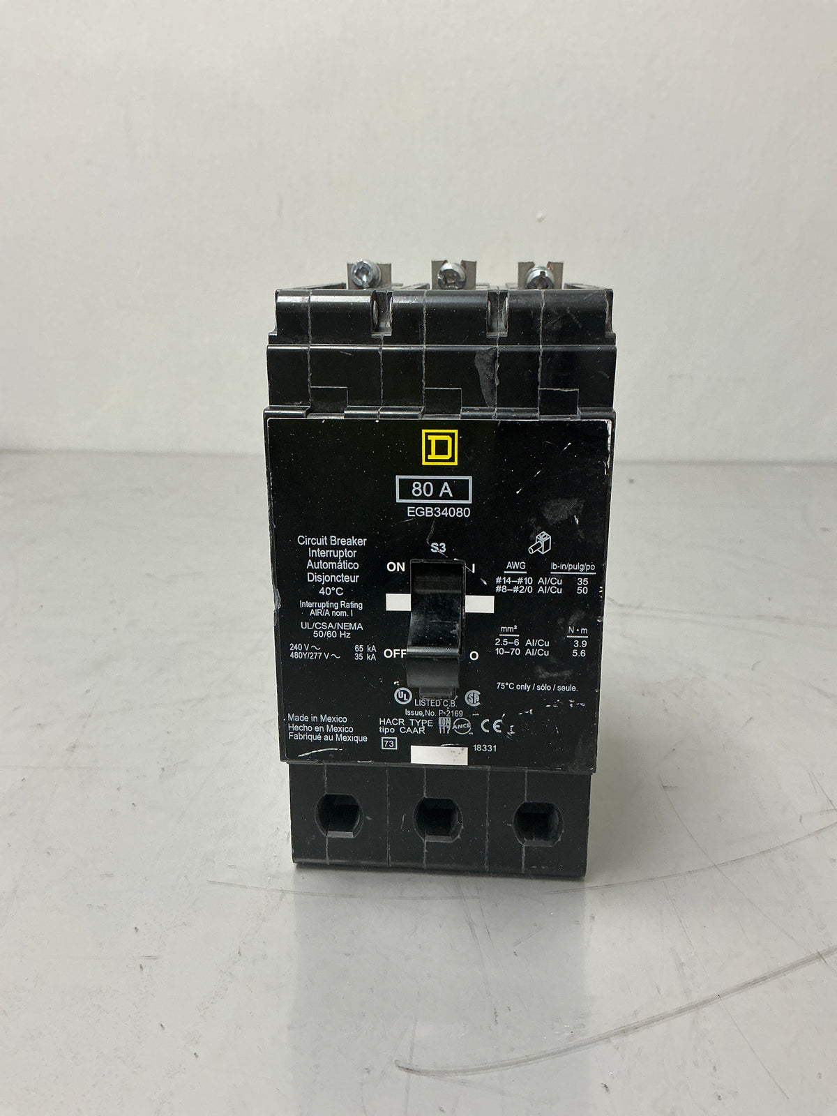 Used Square D EGB34080, 3 Pole, 80 Amps, 480 Volts Circuit Breaker