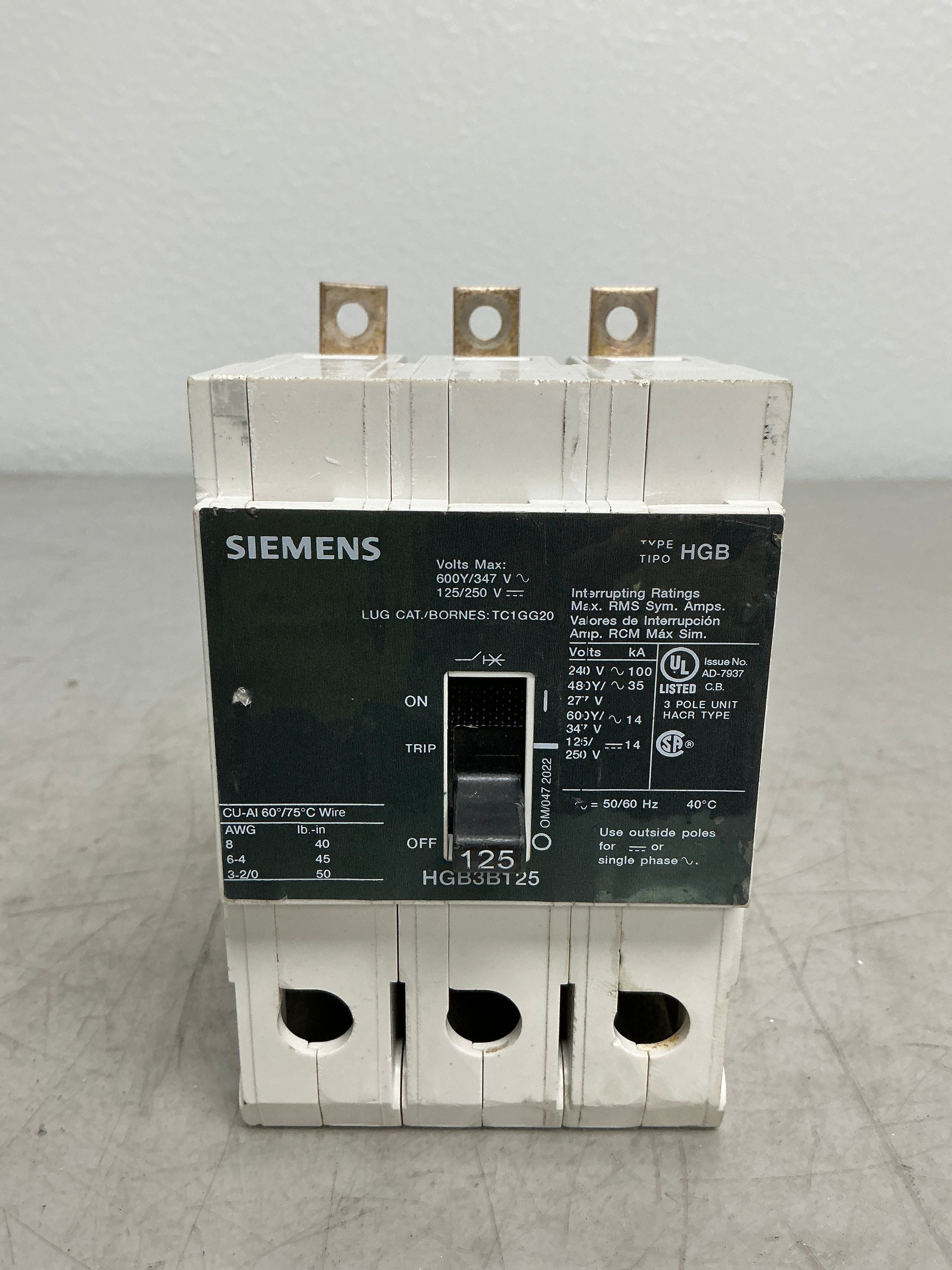 Used Siemens HGB3B125 3 Pole, 125 Amps, 480 Volts