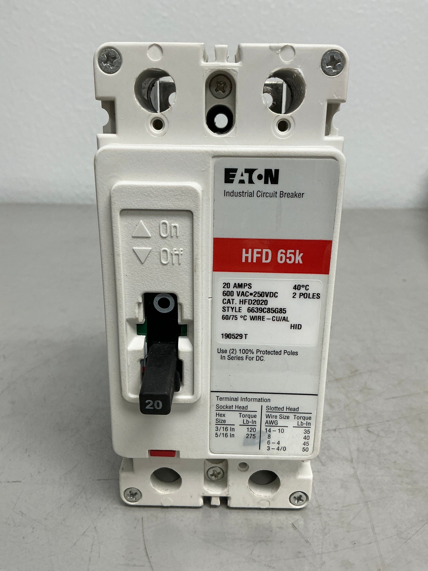 Used Eaton HFD2020 2 Poles, 20 Amps, 600 Volts